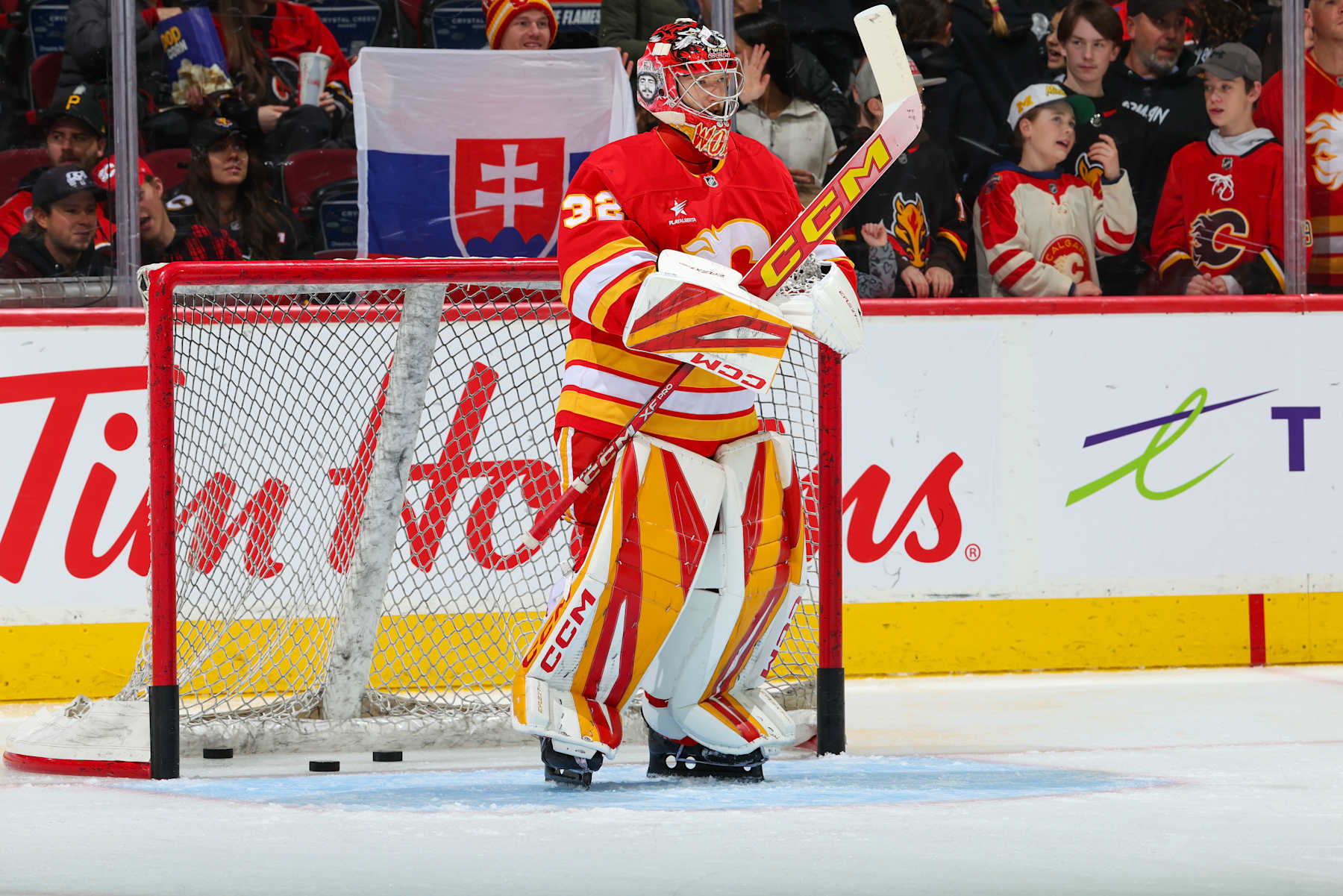 CALGARY, AB - NOVEMBER 15: Dustin Wolf #32 of the Calgary Flames warms up before the game against the Nashville Predators at Scotiabank Saddledome on November 15, 2024 in Calgary, Alberta, Canada. (Photo by Gerry Thomas/NHLI via Getty Images)