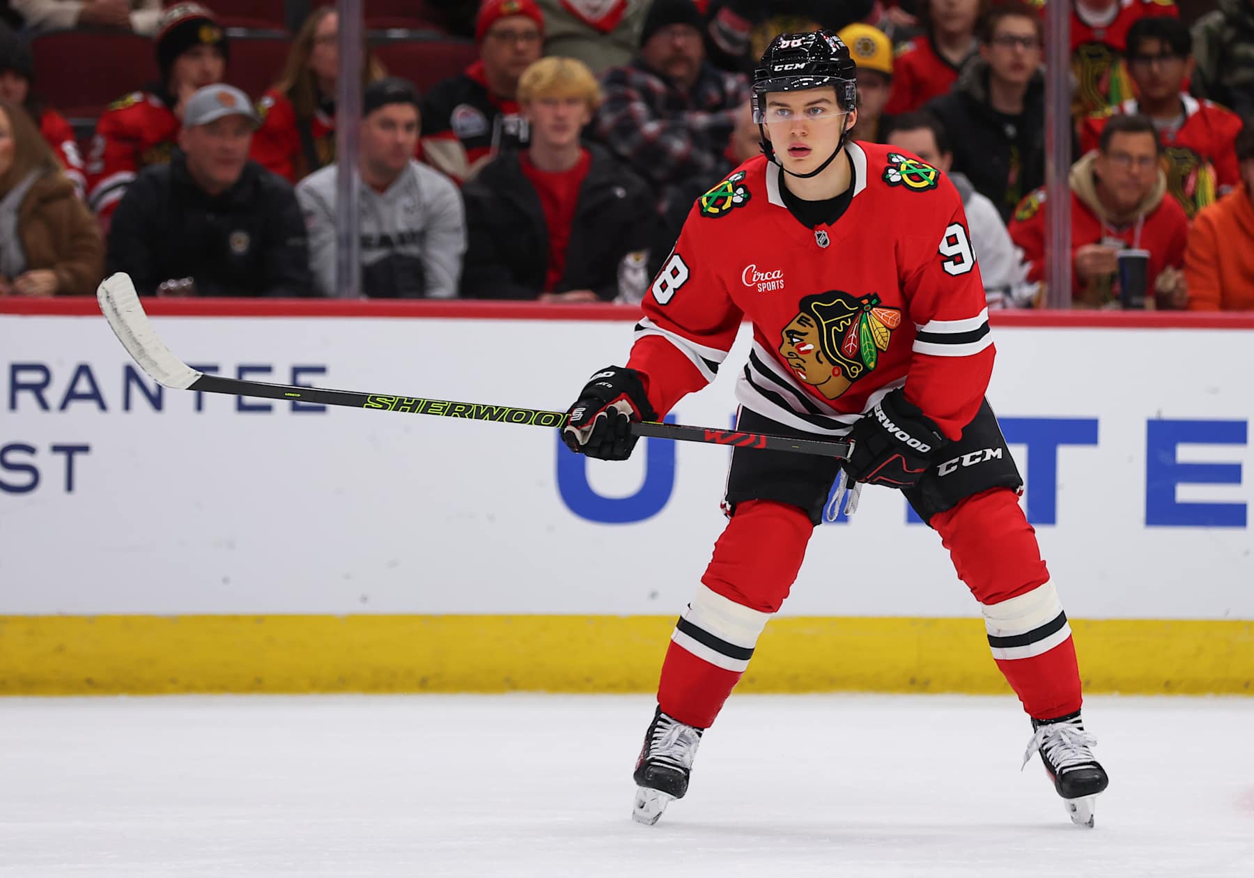 CHICAGO, IL - DECEMBER 04: Connor Bedard #98 of the Chicago Blackhawks during the first period against the Boston Bruins on December 4, 2024 at the United Center in Chicago, Illinois. (Photo by Melissa Tamez/Icon Sportswire via Getty Images)