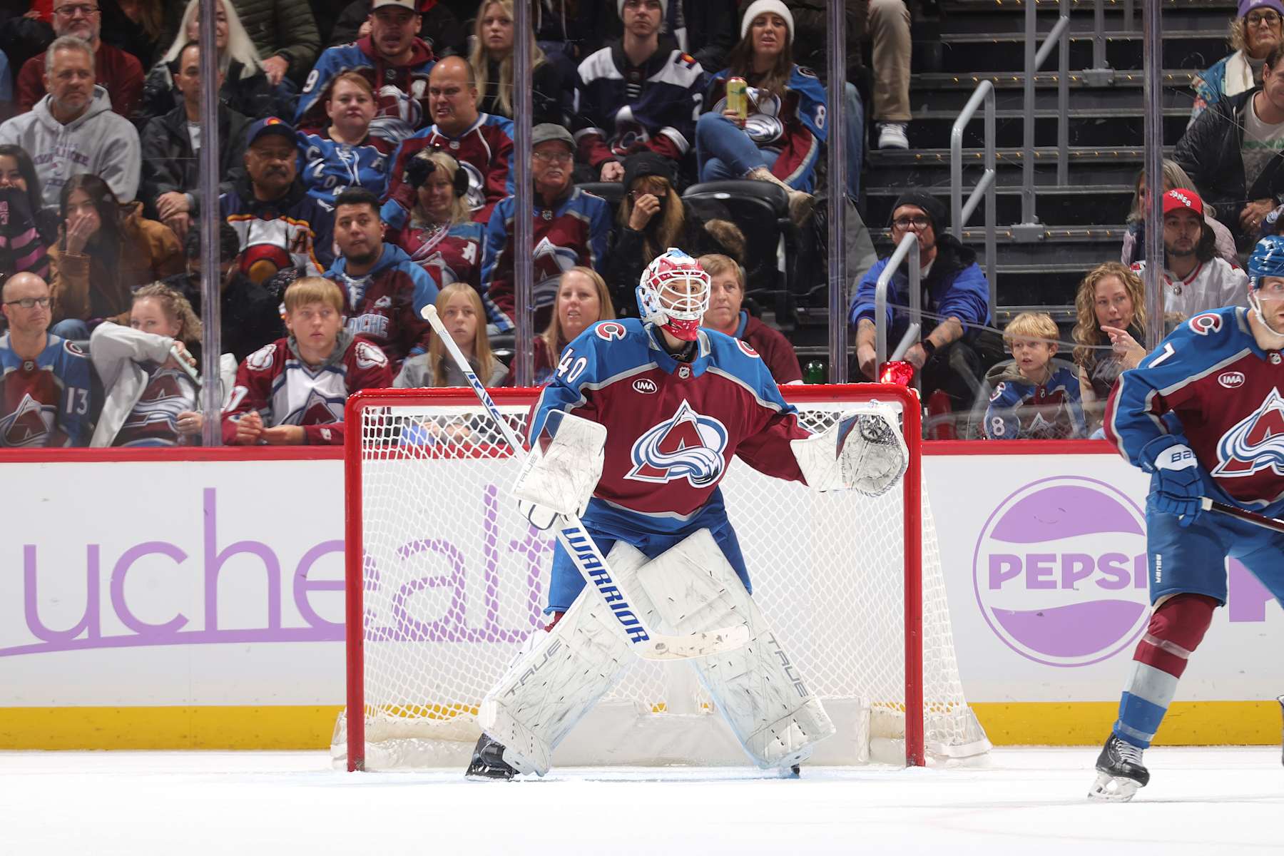 DENVER, COLORADO - NOVEMBER 09: Goaltender Alexandar Georgiev #40 of the Colorado Avalanche stands ready against the Carolina Hurricanes at Ball Arena on November 9, 2024 in Denver, Colorado. (Photo by Michael Martin/NHLI via Getty Images)