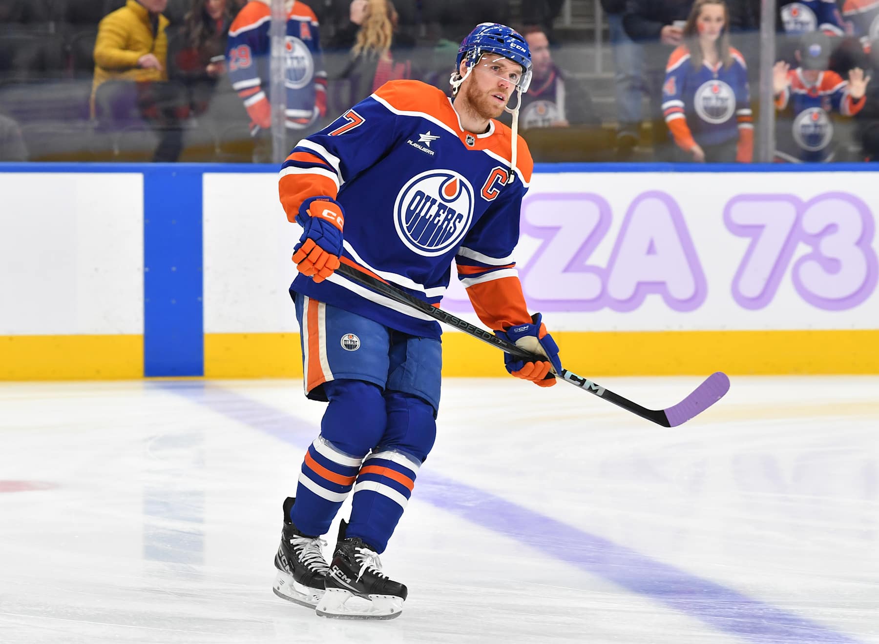 EDMONTON, CANADA - NOVEMBER 23: Connor McDavid #97 of the Edmonton Oilers skates during warm ups before the game against the New York Rangers at Rogers Place on November 23, 2024, in Edmonton, Alberta, Canada. (Photo by Andy Devlin/NHLI via Getty Images)
