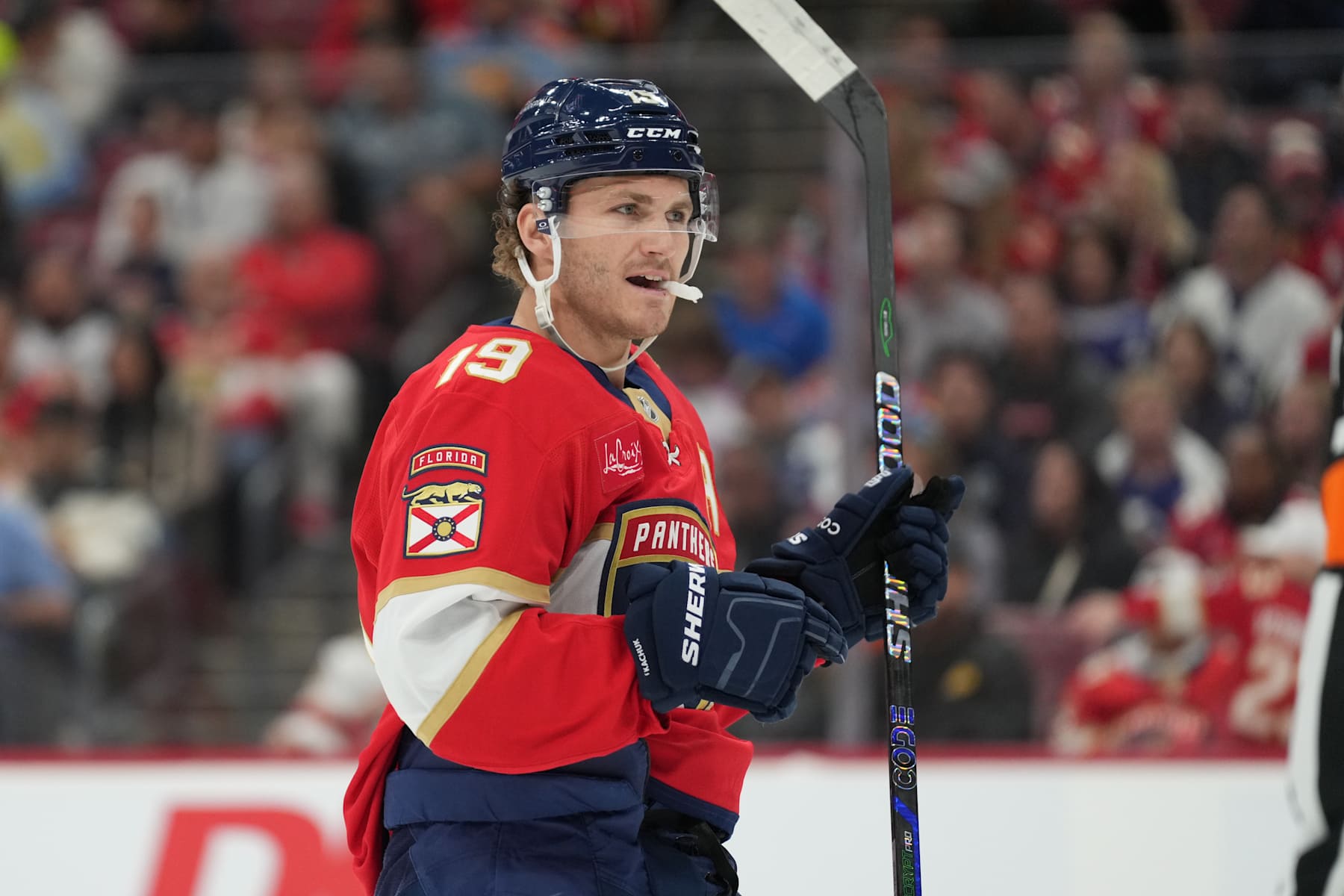 SUNRISE, FL - NOVEMBER 27: Florida Panthers left wing Matthew Tkachuk (19) speaks with officials after a penalty he was called for during the game between the Toronto Maple Leafs and the Florida Panthers on Wednesday, November 27, 2024 at Amerant bank Arena in Sunrise, Fla. (Photo by Peter Joneleit/Icon Sportswire via Getty Images)