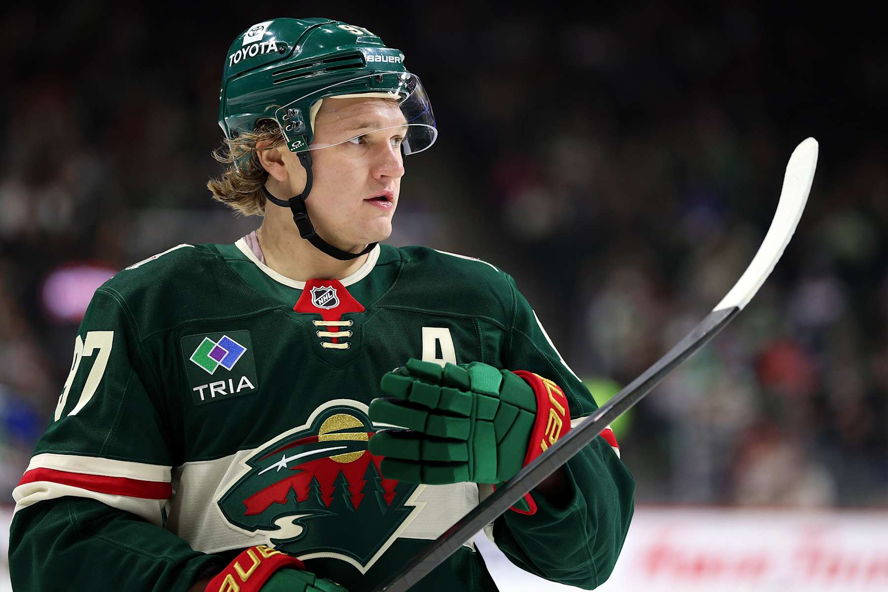 ST PAUL, MINNESOTA - DECEMBER 03: Kirill Kaprizov #97 of the Minnesota Wild looks on against the Vancouver Canucks in the second period at Xcel Energy Center on December 03, 2024 in St Paul, Minnesota. (Photo by David Berding/Getty Images)
