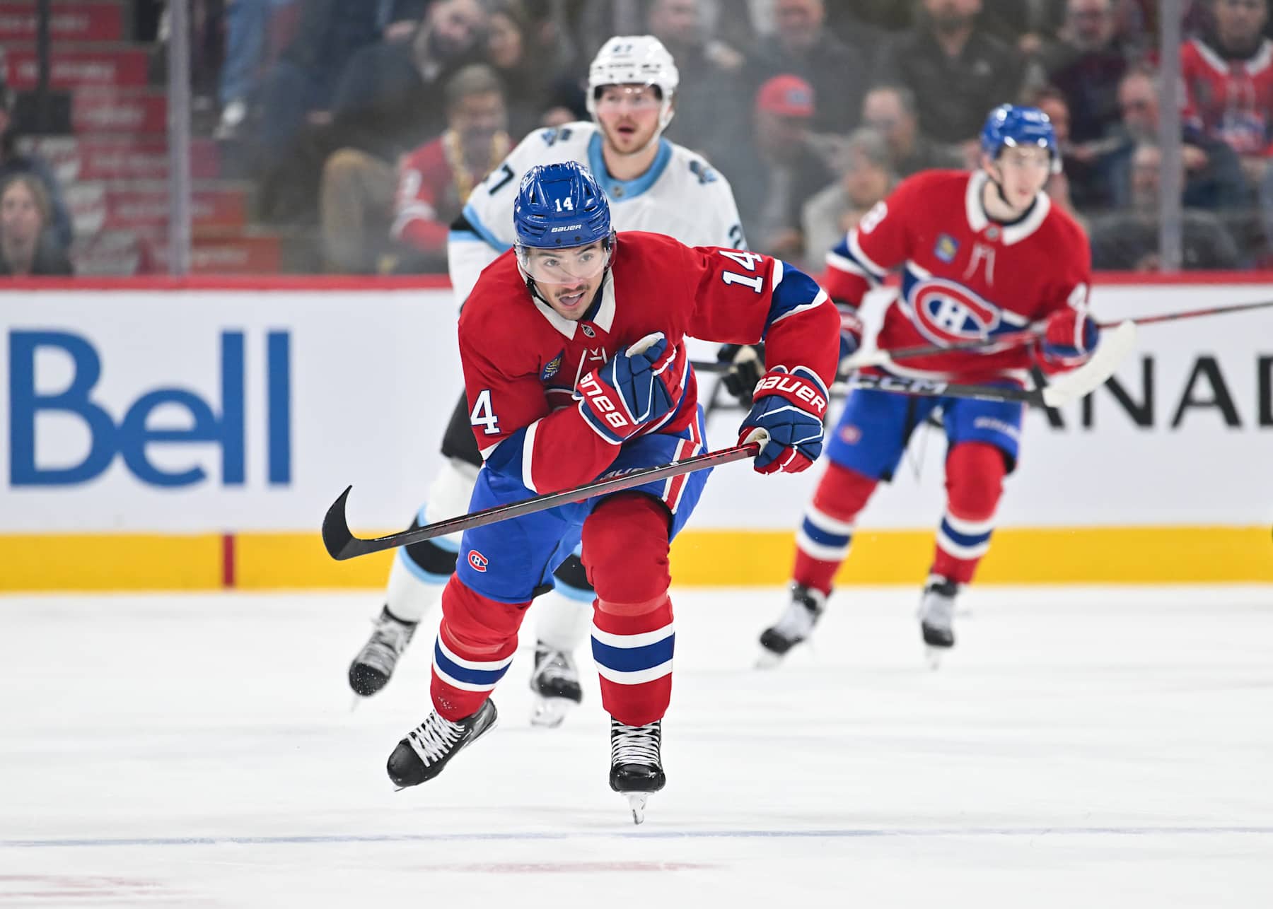 MONTREAL, CANADA - NOVEMBER 26: Nick Suzuki #14 of the Montreal Canadiens skates during the second period against the Utah Hockey Club at the Bell Centre on November 26, 2024 in Montreal, Quebec, Canada. The Utah Hockey Club defeated the Montreal Canadiens 3-2 in overtime. (Photo by Minas Panagiotakis/Getty Images)