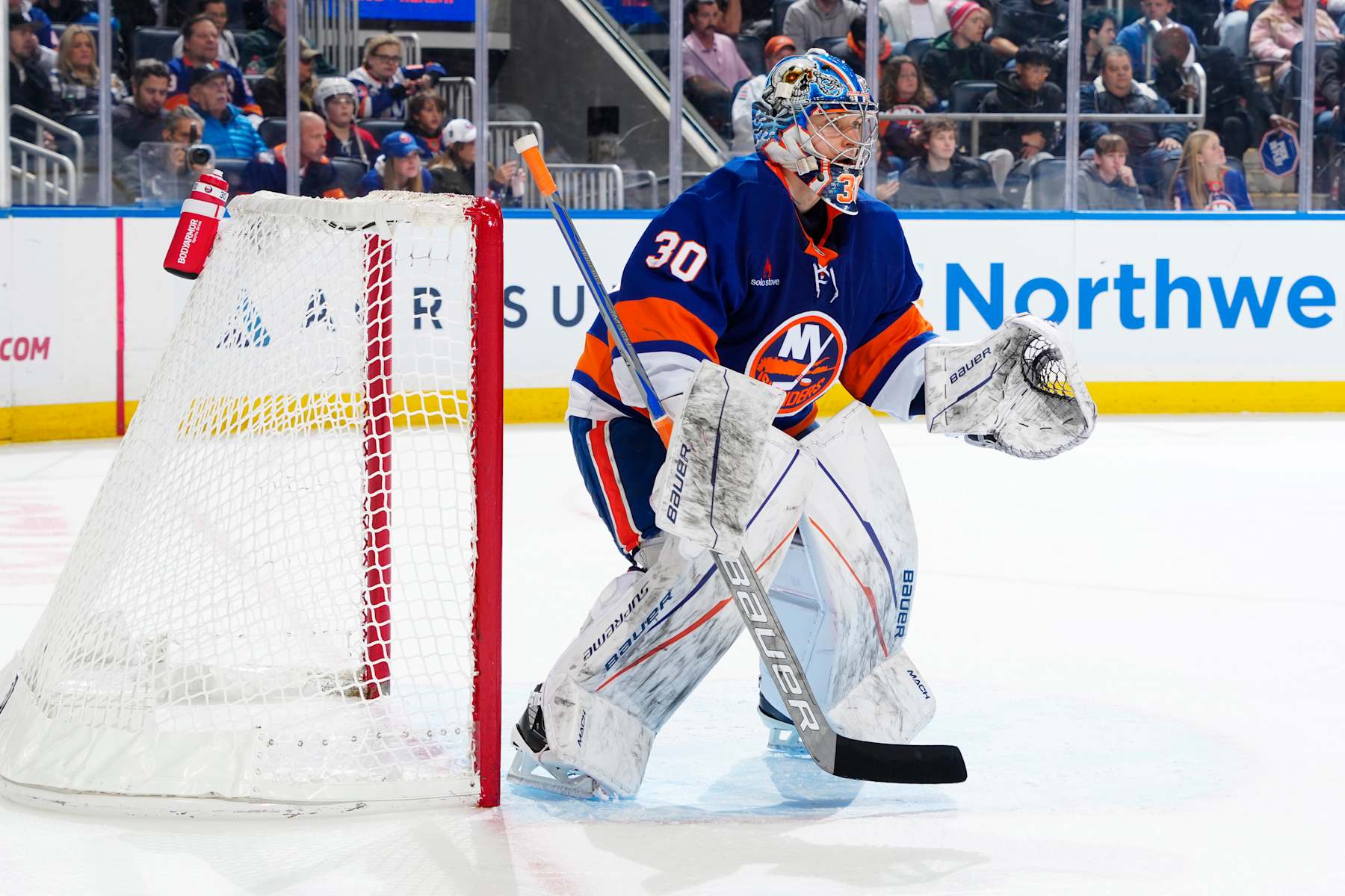 ELMONT, NEW YORK - NOVEMBER 30: Ilya Sorokin #30 of the New York Islanders in action against the Buffalo Sabres at UBS Arena on November 30, 2024 in Elmont, New York. New York Islanders defeated the Buffalo Sabres 3-0. (Photo by Mike Stobe/NHLI via Getty Images)