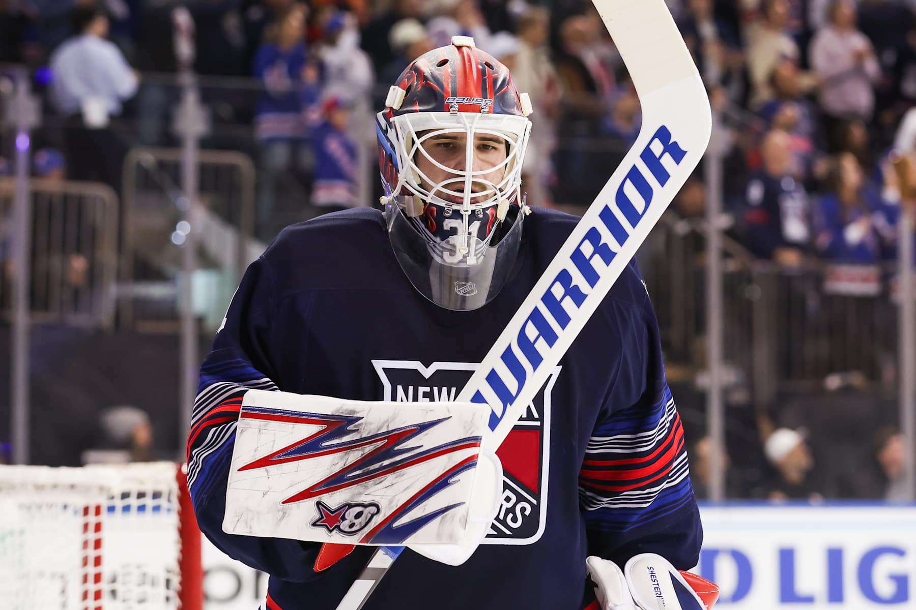 NEW YORK, NEW YORK - NOVEMBER 03: Igor Shesterkin #31 of the New York Rangers looks on during the third period of a game against the New York Islanders at Madison Square Garden on November 3, 2024 in New York City. (Photo by Andrew Mordzynski/Getty Images)