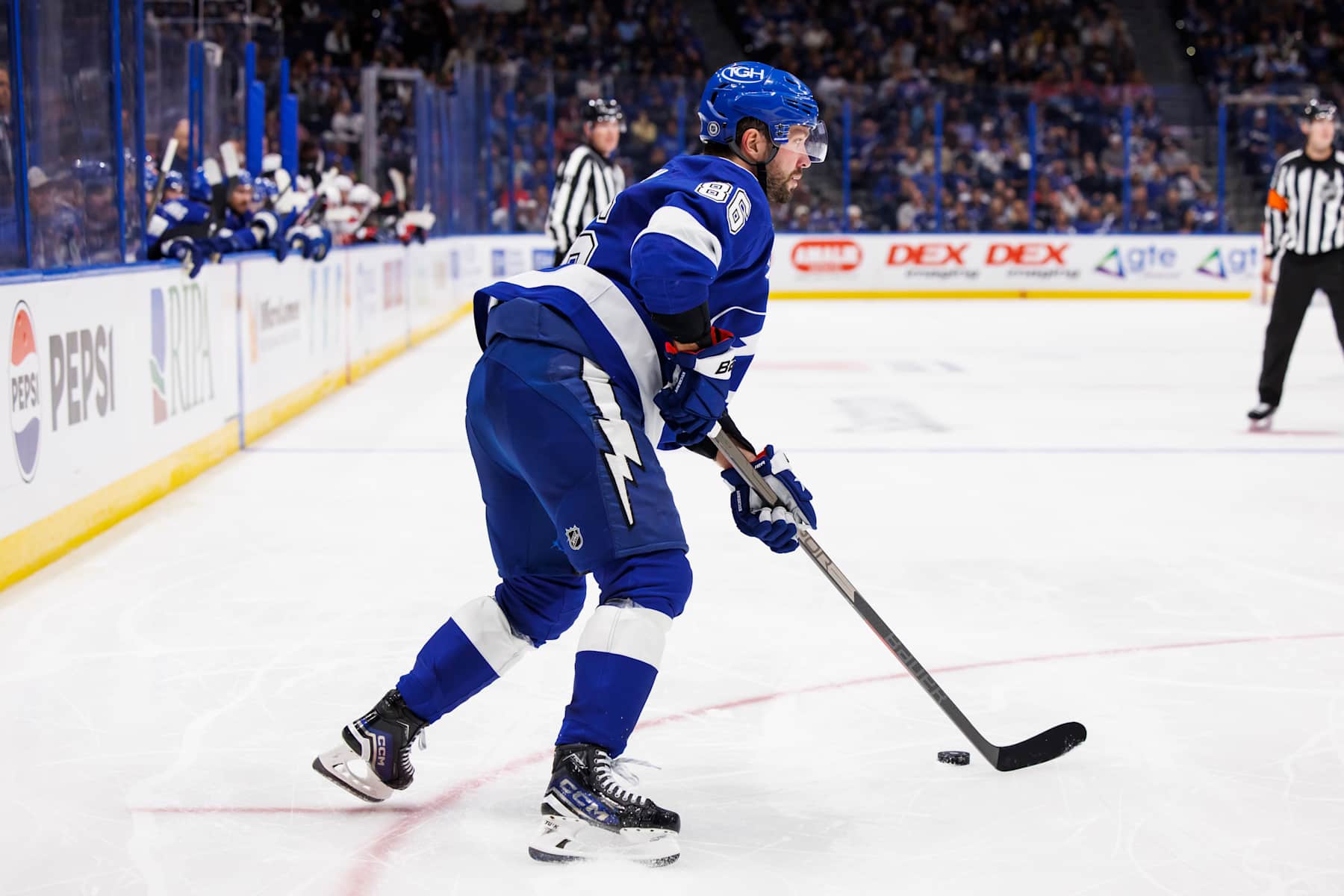 TAMPA, FL - NOVEMBER 27: Nikita Kucherov #86 of the Tampa Bay Lightning skates against the Washington Capitals at Amalie Arena on November 27, 2024 in Tampa, Florida. (Photo by Mark LoMoglio/NHLI via Getty Images)