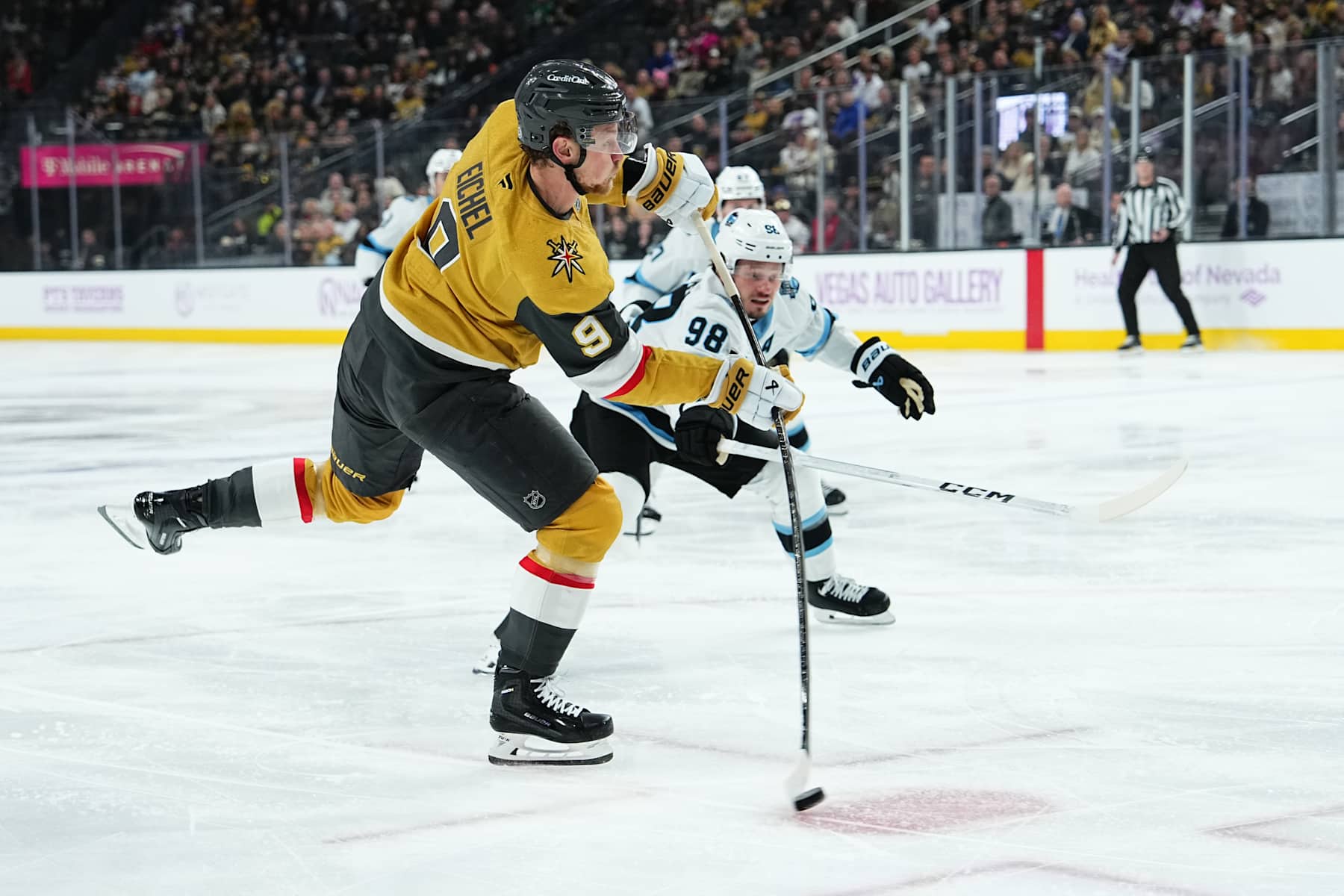 LAS VEGAS, NEVADA - NOVEMBER 30: Jack Eichel #9 of the Vegas Golden Knights shoots the puck during the first period against the Utah Hockey Club at T-Mobile Arena on November 30, 2024 in Las Vegas, Nevada. (Photo by Jeff Bottari/NHLI via Getty Images)