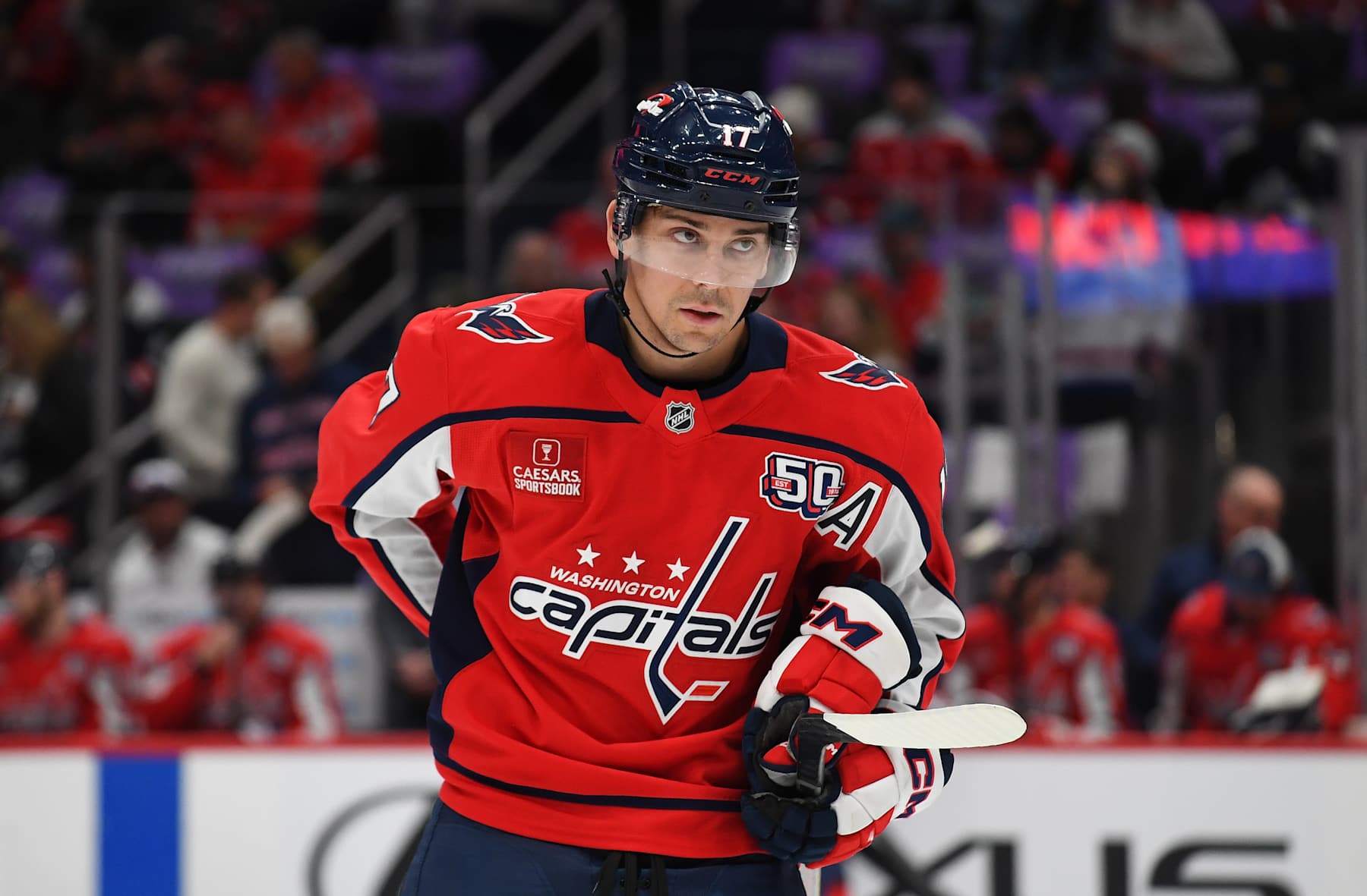 WASHINGTON, DC - NOVEMBER 21: Capitals center Dylan Strome (17) reacts during the Colorado Avalanche versus Washington Capitals National Hockey League game on November 21, 2024 at Capital One Arena in Washington, D.C.. (Photo by Randy Litzinger/Icon Sportswire via Getty Images)