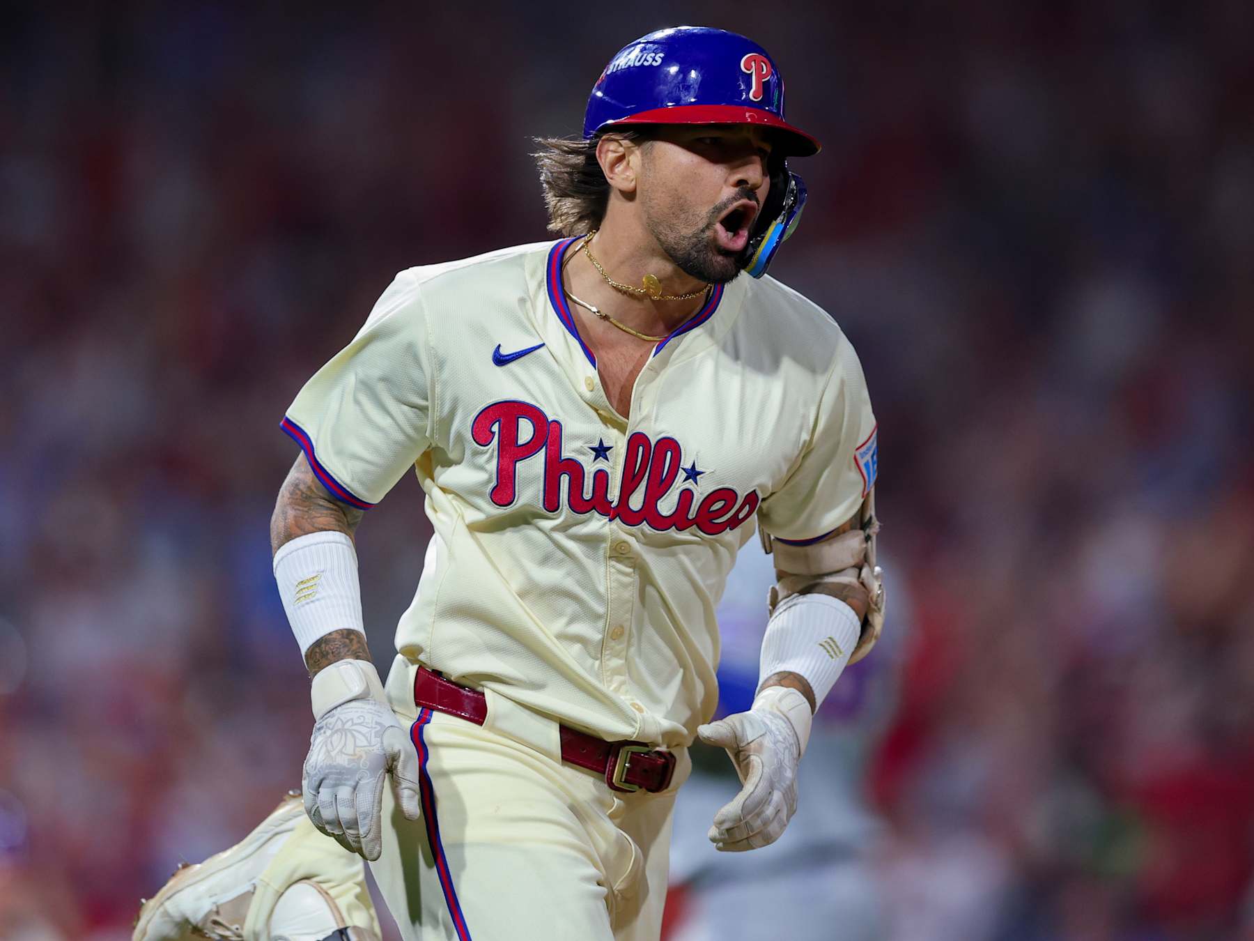 PHILADELPHIA, PENNSYLVANIA - OCTOBER 6: Nick Castellanos #8 of the Philadelphia Phillies reacts after hitting a walk-off single in the ninth inning against the New York Mets at Citizens Bank Park on October 6, 2024 in Philadelphia, Pennsylvania. The Phillies won 7-6. (Photo by Heather Barry/Getty Images)