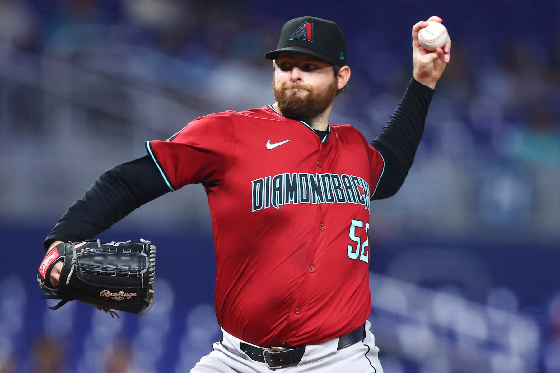 MIAMI, FLORIDA - AUGUST 21: Jordan Montgomery #52 of the Arizona Diamondbacks pitches against the Miami Marlins during the first inning of the game at loanDepot park on August 21, 2024 in Miami, Florida. (Photo by Megan Briggs/Getty Images)