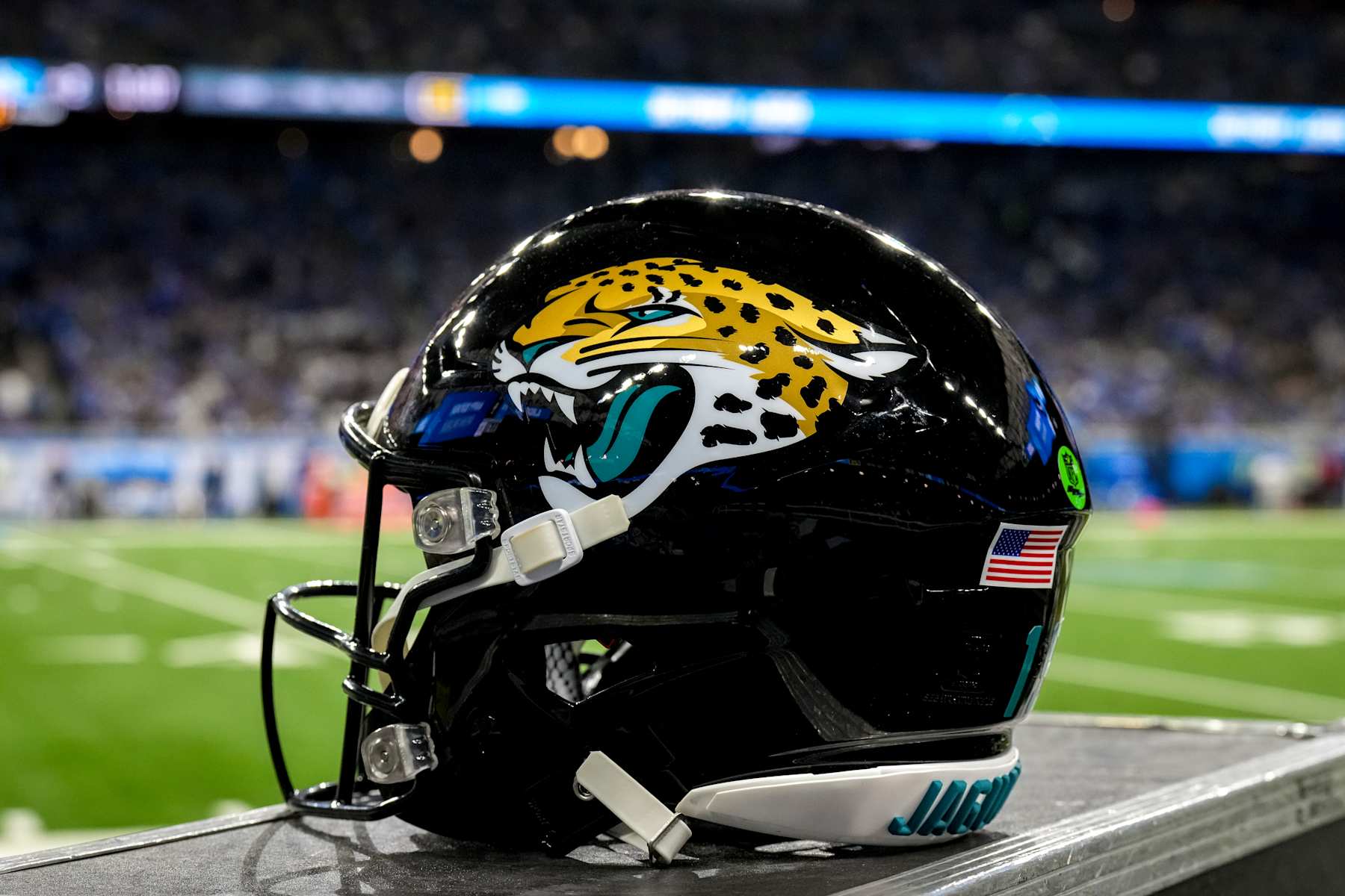 DETROIT, MICHIGAN - NOVEMBER 17: A general view of a Jacksonville Jaguars sports helmet with the team logo against the Detroit Lions at Ford Field on November 17, 2024 in Detroit, Michigan. (Photo by Nic Antaya/Getty Images)
