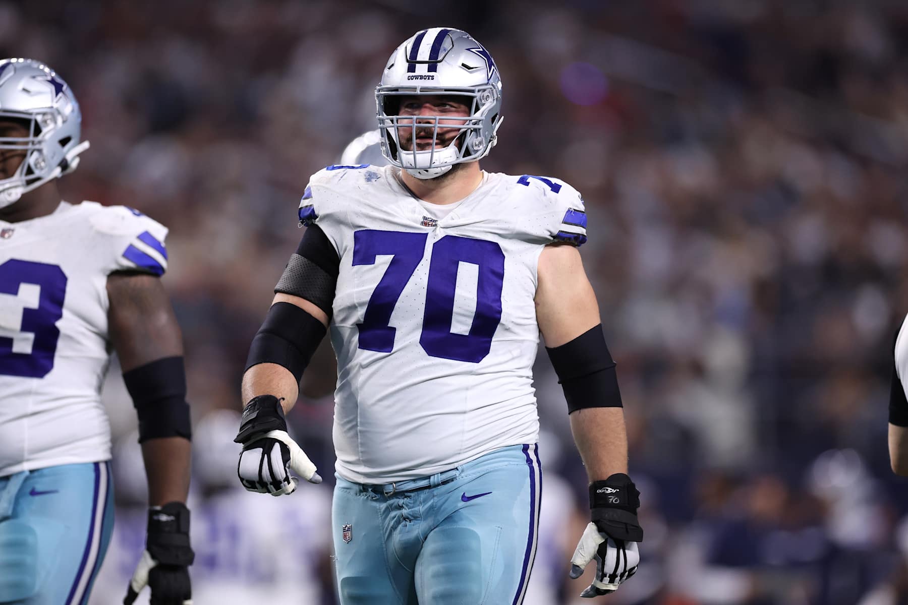 ARLINGTON, TEXAS - NOVEMBER 18: Zack Martin #70 of the Dallas Cowboys looks on during the second half against the Houston Texans at AT&T Stadium on November 18, 2024 in Arlington, Texas. (Photo by Sam Hodde/Getty Images)
