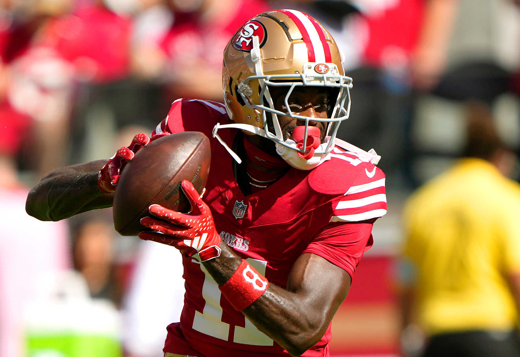 SANTA CLARA, CALIFORNIA - OCTOBER 20: Brandon Aiyuk #11 of the San Francisco 49ers warms up prior to the start of the game against the Kansas City Chiefs at Levi's Stadium on October 20, 2024 in Santa Clara, California. (Photo by Thearon W. Henderson/Getty Images)