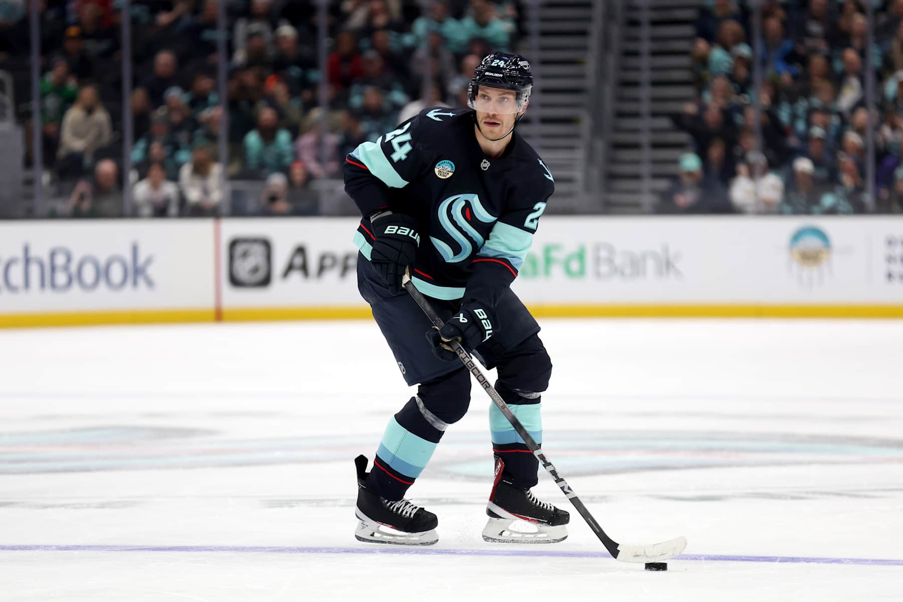 SEATTLE, WASHINGTON - NOVEMBER 12: Jamie Oleksiak #24 of the Seattle Kraken skates against the Columbus Blue Jackets during the second period at Climate Pledge Arena on November 12, 2024 in Seattle, Washington. (Photo by Steph Chambers/Getty Images)