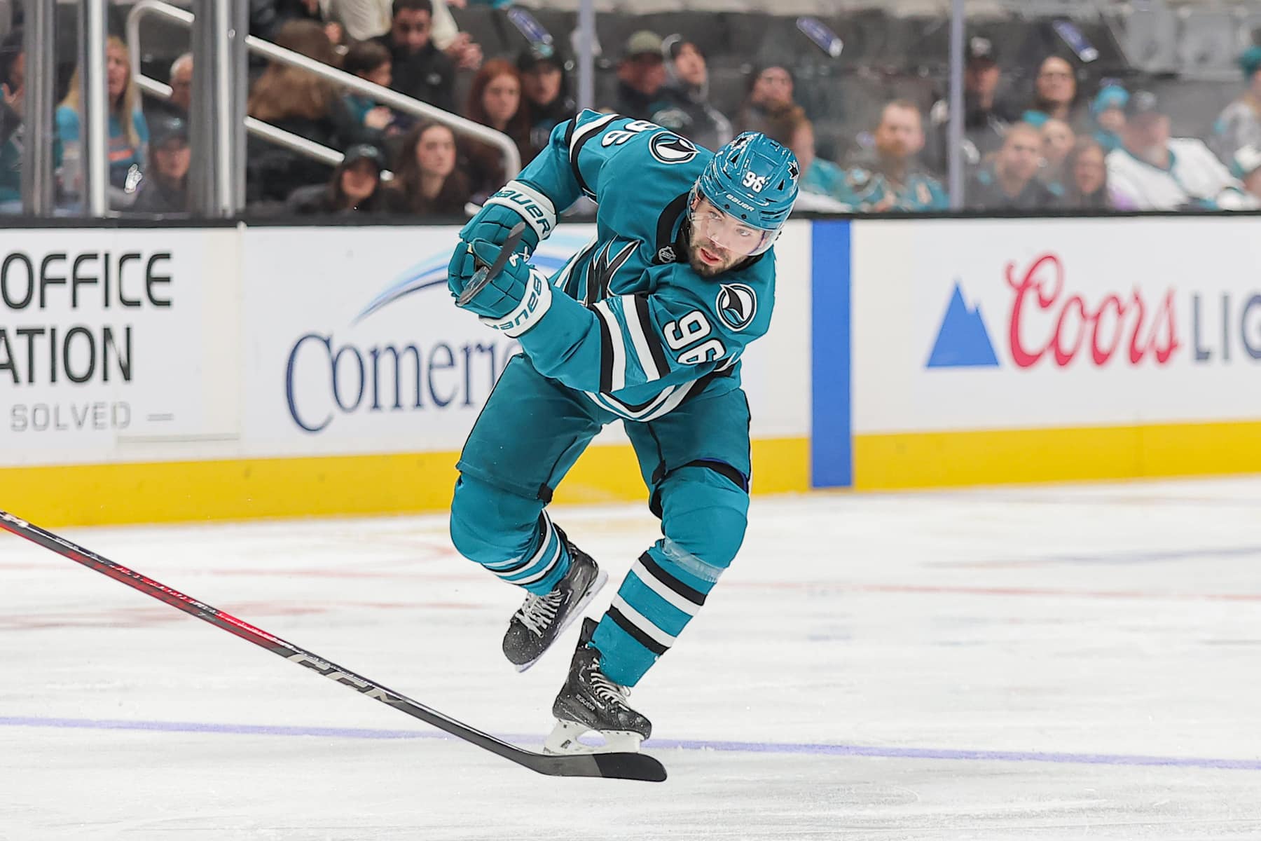 SAN JOSE, CANOVEMBER 27: Jake Walman #96 of the San Jose Sharks takes a shot on goal in the first period of a game against the Ottawa Senators at SAP Center on November 27, 2024 (Photo by Panayiota Good/NHLI via Getty Images)