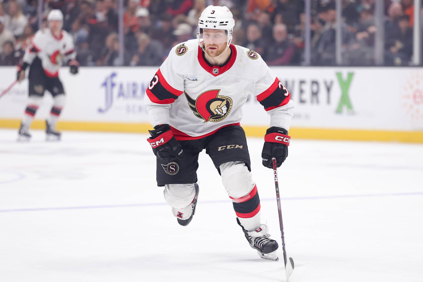 ANAHEIM, CALIFORNIA - DECEMBER 1: Nick Jensen #3 of the Ottawa Senators skates during the second period of a game against the Anaheim Ducks at Honda Center on December 1, 2024 in Anaheim, California. (Photo by Ryan Sirius Sun/Getty Images)