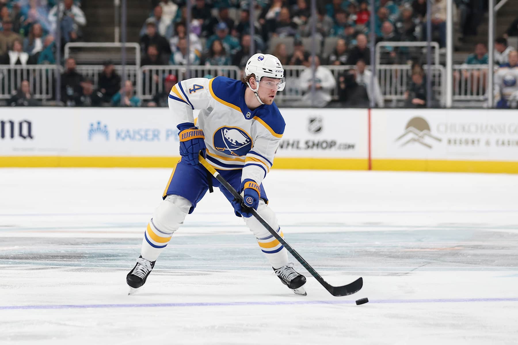SAN JOSE, CALIFORNIA - NOVEMBER 23: Bowen Byram #4 of the Buffalo Sabres in action against the San Jose Sharks at SAP Center on November 23, 2024 in San Jose, California. (Photo by Ezra Shaw/Getty Images)