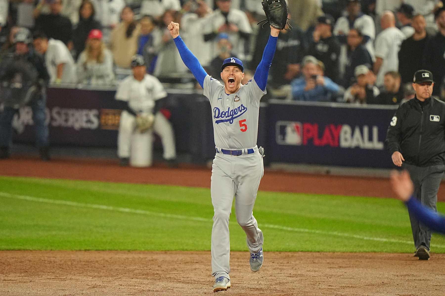 Baseball: World Series: Los Angeles Dodgers Freddie Freeman (5) in action, victorious and celebrates vs New York Yankees at Yankee Stadium. Game 5. 
Bronx, NY 10/30/2024 
CREDIT: Erick W. Rasco (Photo by Erick W. Rasco/Sports Illustrated via Getty Images) 
(Set Number: X164636 TK1)