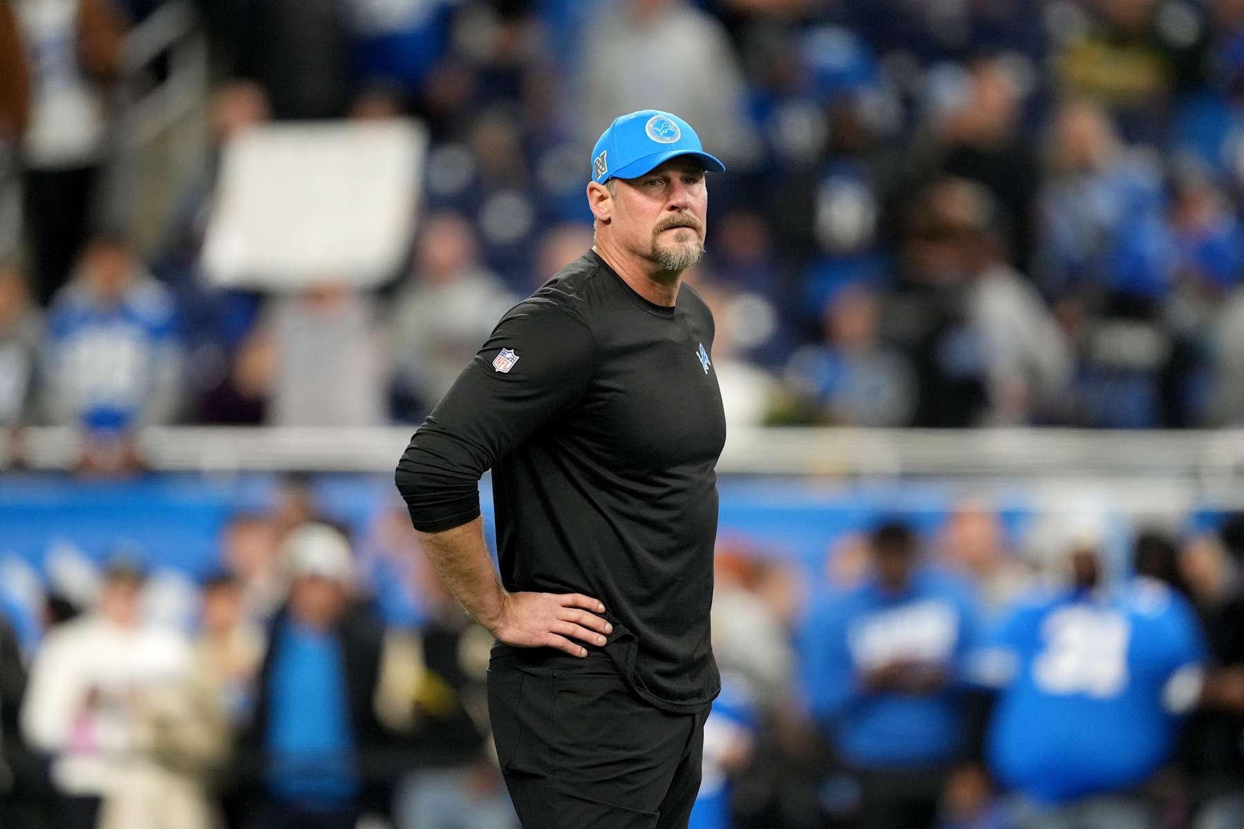 DETROIT, MICHIGAN - DECEMBER 05: Head coach Dan Campbell of the Detroit Lions looks on prior to the game against the Green Bay Packers at Ford Field on December 05, 2024 in Detroit, Michigan. (Photo by Nic Antaya/Getty Images)
