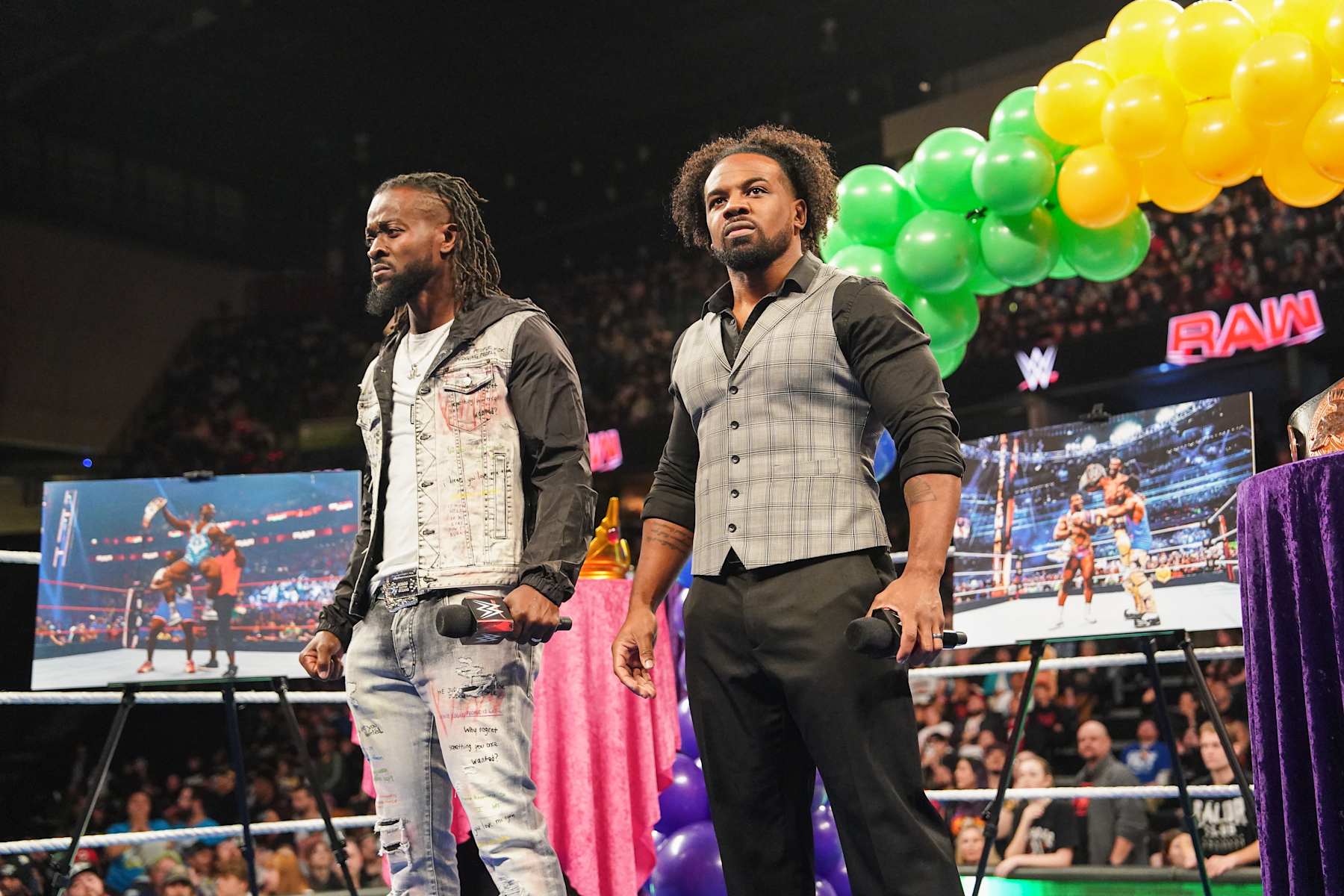 EVERETT, WASHINGTON - DECEMBER 2: Kofi Kingston and Xavier Woods of the New Day look on during Monday Night RAW at Angel of the Winds Arena on December 2, 2024 in Everett, Washington. (Photo by WWE/Getty Images)