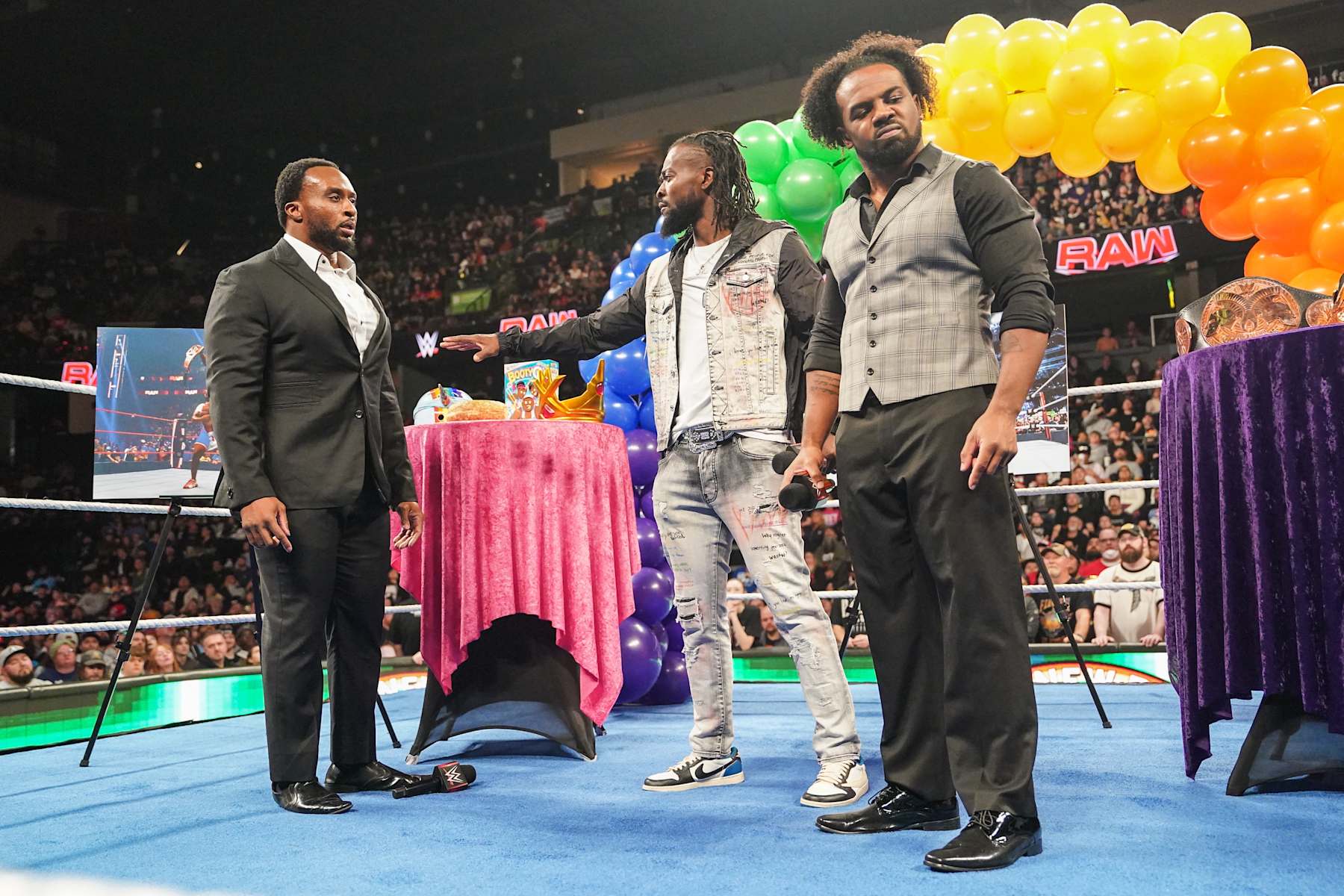 EVERETT, WASHINGTON - DECEMBER 2: Big E, Kofi Kingston and Xavier Woods speak during Monday Night RAW at Angel of the Winds Arena on December 2, 2024 in Everett, Washington. (Photo by WWE/Getty Images)