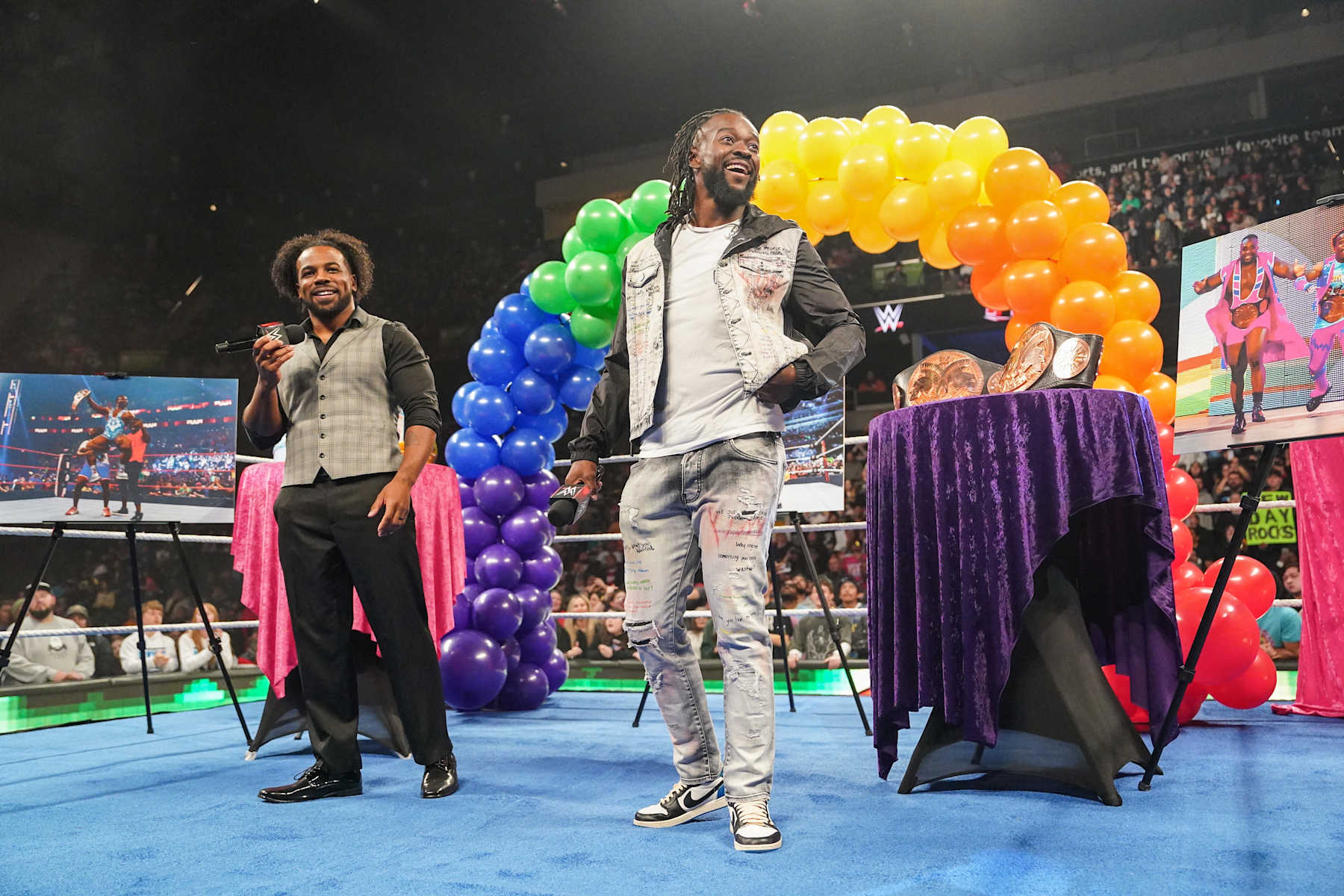 EVERETT, WASHINGTON - DECEMBER 2: Xavier Woods and Kofi Kingston of the New Day enter the ring during Monday Night RAW at Angel of the Winds Arena on December 2, 2024 in Everett, Washington. (Photo by WWE/Getty Images)