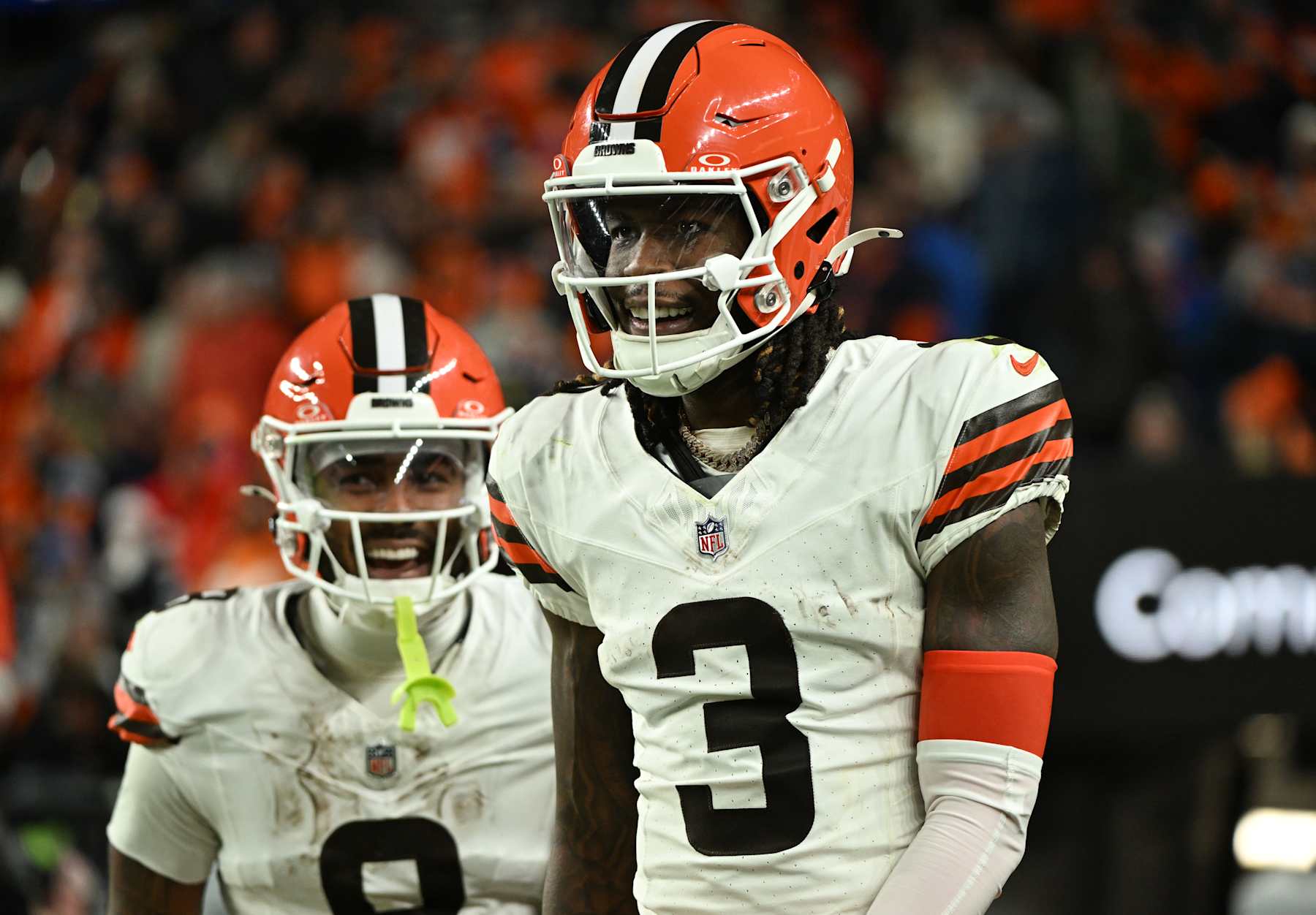 DENVER, CO - DECEMBER 2: Cleveland Browns wide receiver Jerry Jeudy (3), right, celebrates his third quarter touchdown with teammate wide receiver Elijah Moore (8), left, during the second half of the game at Empower Field at Mile High on December 2, 2024 in Denver, Colorado. Jeudy hauled in nine catches for 235 yards, the most yardage ever surrendered by the Broncos to an opposing receiver. When he raced past Levi Wallace for a 70-yard third-quarter touchdown, he paused on the goal line, fell over backward into the end zone and then goaded the crowd as they booed him loudly. Jeudy told a Cleveland reporter he wanted to return to Denver and whip their (butt) and then put together a career night. The Broncos beat the Browns 41-32. (Photo by Helen H. Richardson/MediaNews Group/The Denver Post via Getty Images)