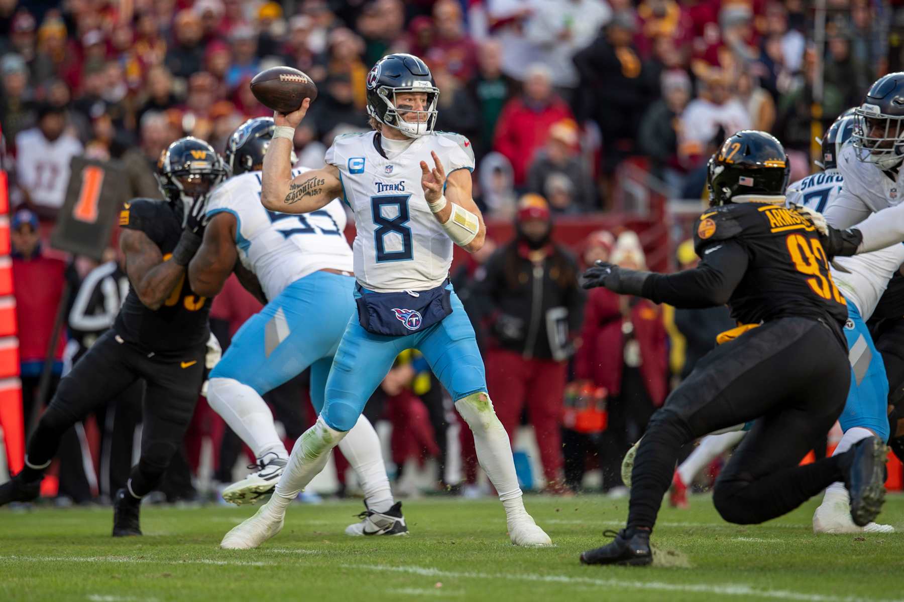 LANDOVER, MD - DECEMBER 01: Tennessee Titans quarterback Will Levis (8) stands in the pocket and passes the ball during the Tennessee Titans versus Washington Commanders National Football League game at Northwest Field on December 1, 2024, in Landover, MD. (Photo by Charles Brock/Icon Sportswire via Getty Images)