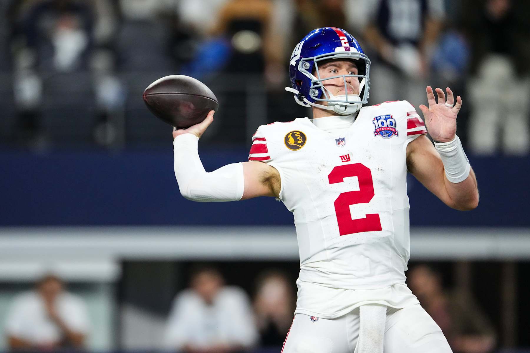 ARLINGTON, TX - NOVEMBER 28: Drew Lock #2 of the New York Giants throws the ball during an NFL football game against the Dallas Cowboys at AT&T Stadium on November 28, 2024 in Arlington, Texas. (Photo by Cooper Neill/Getty Images)