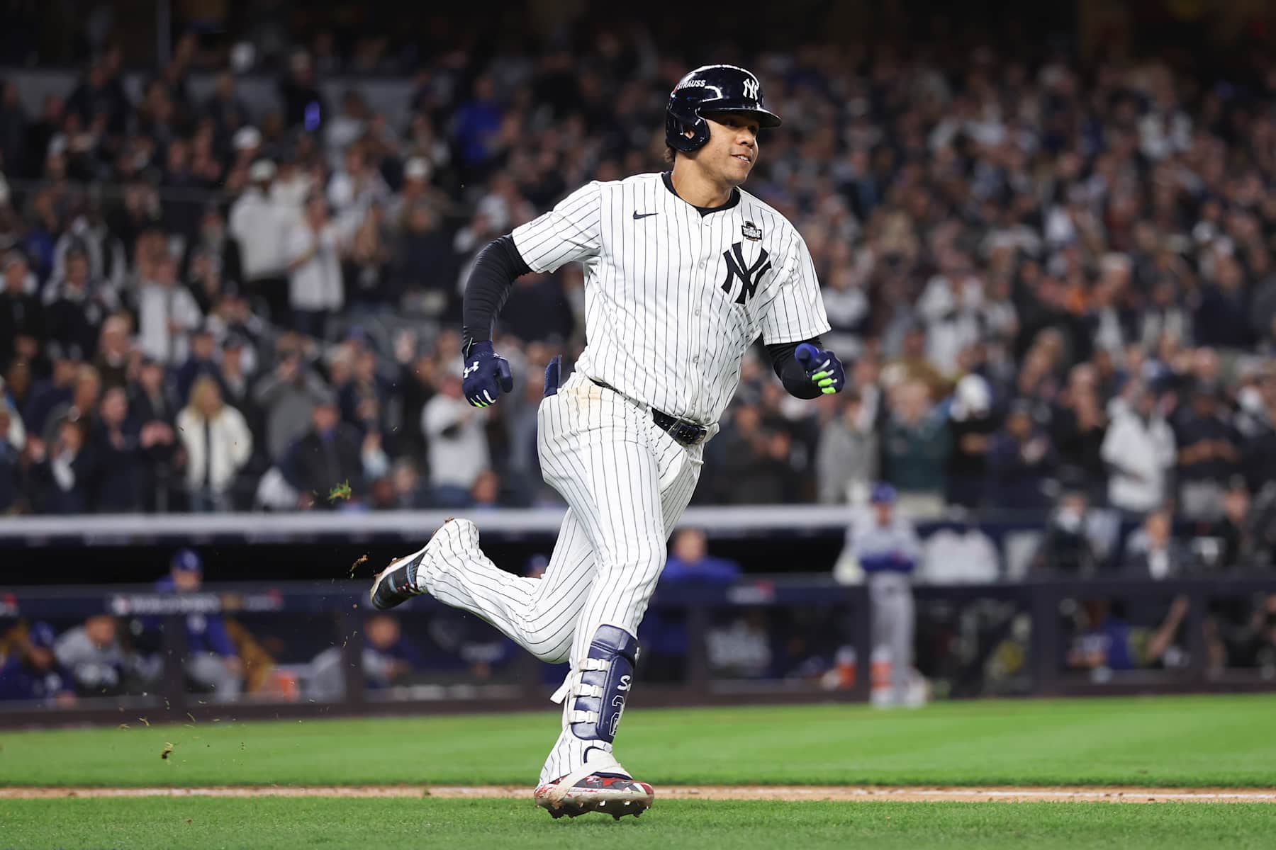NEW YORK, NEW YORK - OCTOBER 29:  Juan Soto #22 of the New York Yankees doubles during the eighth inning of Game Four of the 2024 World Series against the Los Angeles Dodgers at Yankee Stadium on October 29, 2024 in the Bronx borough of New York City. (Photo by Sarah Stier/Getty Images)