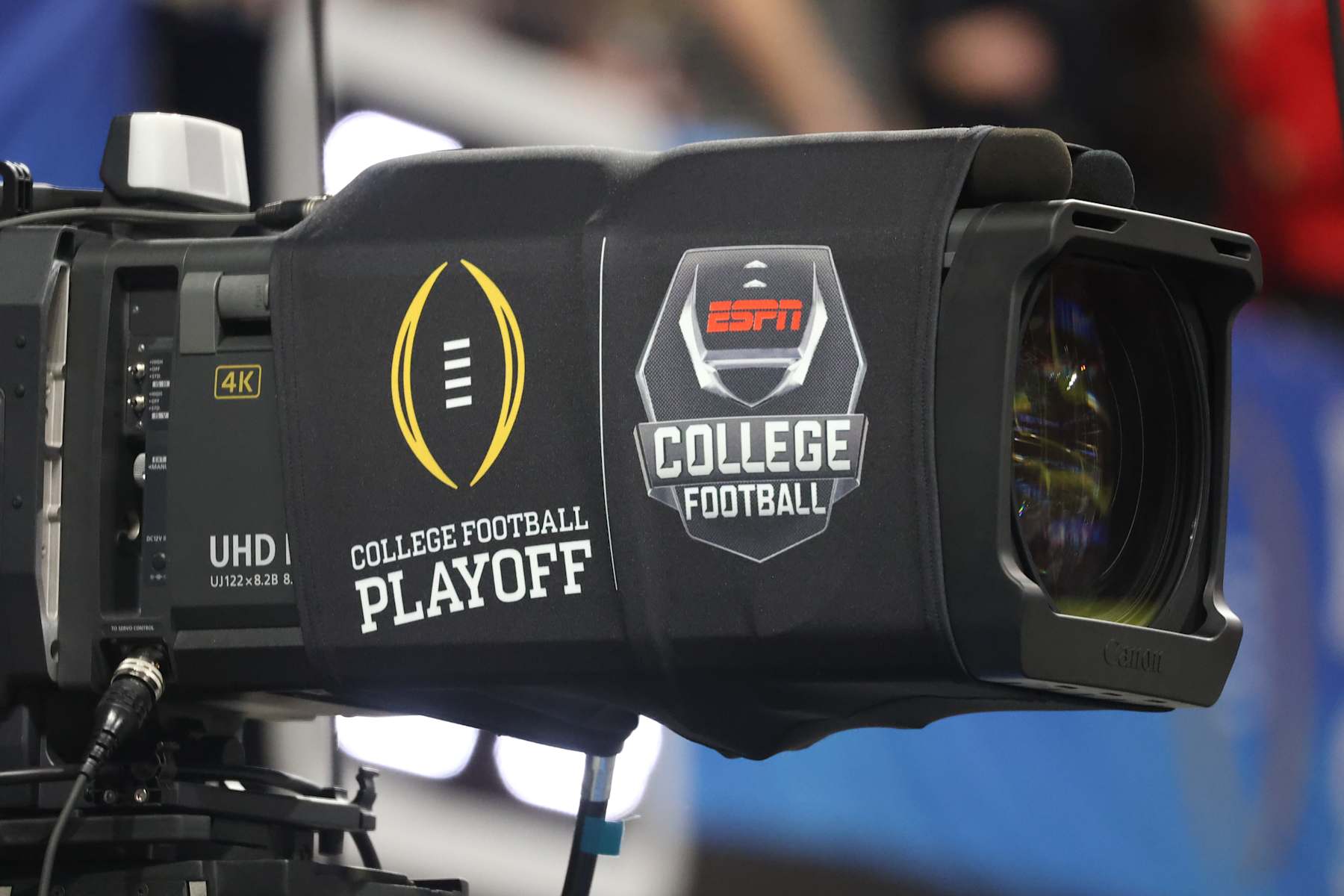 ATLANTA, GA - DECEMBER 31: A general view of a television camera with ESPN college football and college football playoff logos during the college football Playoff Semifinal game at the Chick-fil-a Peach Bowl between the Georgia Bulldogs and the Ohio State Buckeyes on December 31, 2022 at Mercedes-Benz Stadium in Atlanta, Georgia. (Photo by Michael Wade/Icon Sportswire via Getty Images)