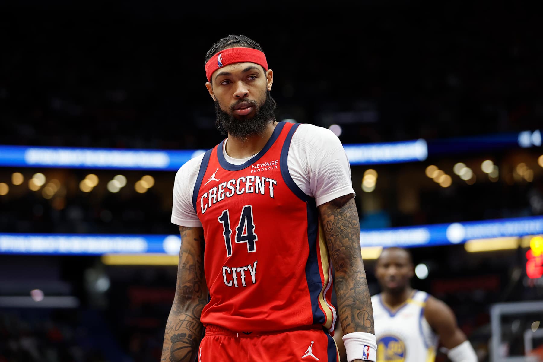 NEW ORLEANS, LOUISIANA - NOVEMBER 22: Brandon Ingram #14 of the New Orleans Pelicans walks backcourt during the second half of an Emirates NBA Cup game against the Golden State Warriors at Smoothie King Center on November 22, 2024 in New Orleans, Louisiana. NOTE TO USER: User expressly acknowledges and agrees that, by downloading and or using this photograph, User is consenting to the terms and conditions of the Getty Images License Agreement. (Photo by Tyler Kaufman/Getty Images)