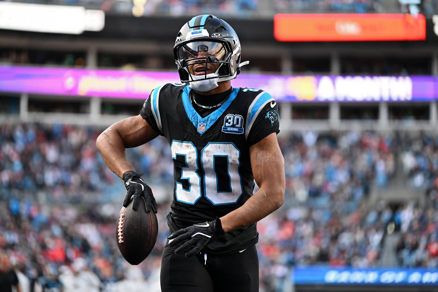 CHARLOTTE, NORTH CAROLINA - NOVEMBER 24: Chuba Hubbard #30 of the Carolina Panthers reacts after a touchdown during the fourth quarter against the Kansas City Chiefs at Bank of America Stadium on November 24, 2024 in Charlotte, North Carolina. (Photo by Matt Kelley/Getty Images)