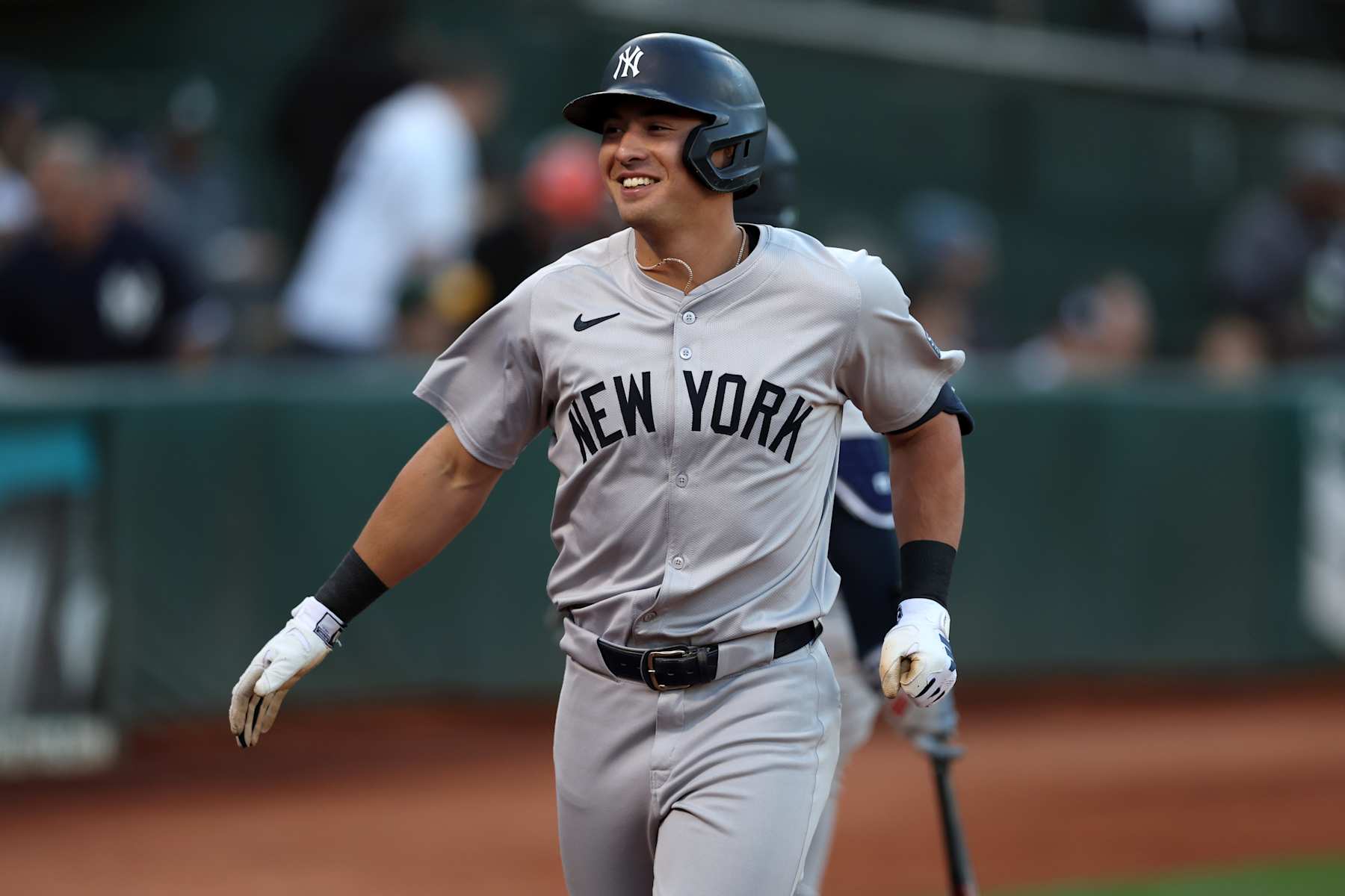 OAKLAND, CA - SEPTEMBER 21:  Anthony Volpe #11 of the New York Yankees celebrates during the game against the Oakland Athletics at the Oakland Coliseum on September 21, 2024 in Oakland California. The Yankees defeated the Athletics 10-0. (Photo by Rob Leiter/MLB Photos via Getty Images)