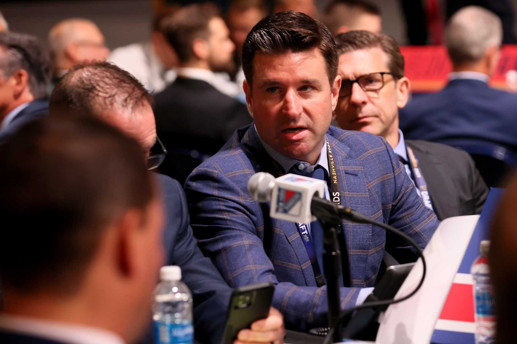 NASHVILLE, TENNESSEE - JUNE 29: Chris Drury, President and General Manager of the New York Rangers talks during the 2023 Upper Deck NHL Draft at Bridgestone Arena on June 29, 2023 in Nashville, Tennessee. (Photo by Bruce Bennett/Getty Images)