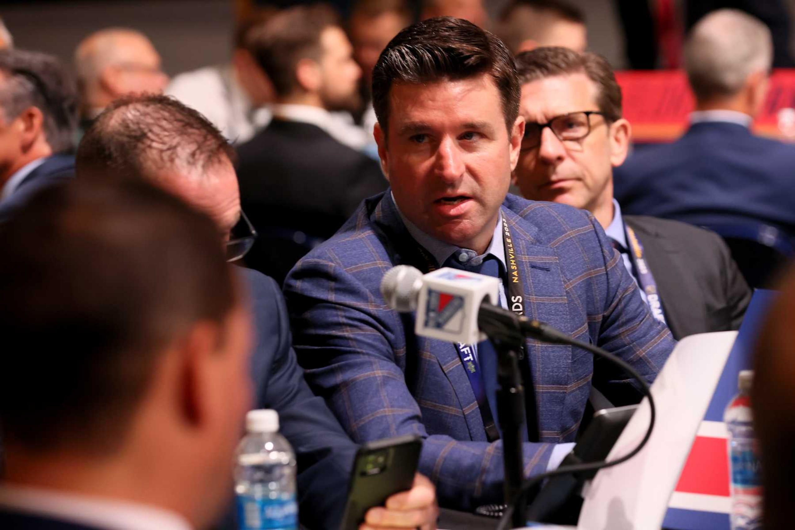 NASHVILLE, TENNESSEE - JUNE 29: Chris Drury, President and General Manager of the New York Rangers talks during the 2023 Upper Deck NHL Draft at Bridgestone Arena on June 29, 2023 in Nashville, Tennessee. (Photo by Bruce Bennett/Getty Images)