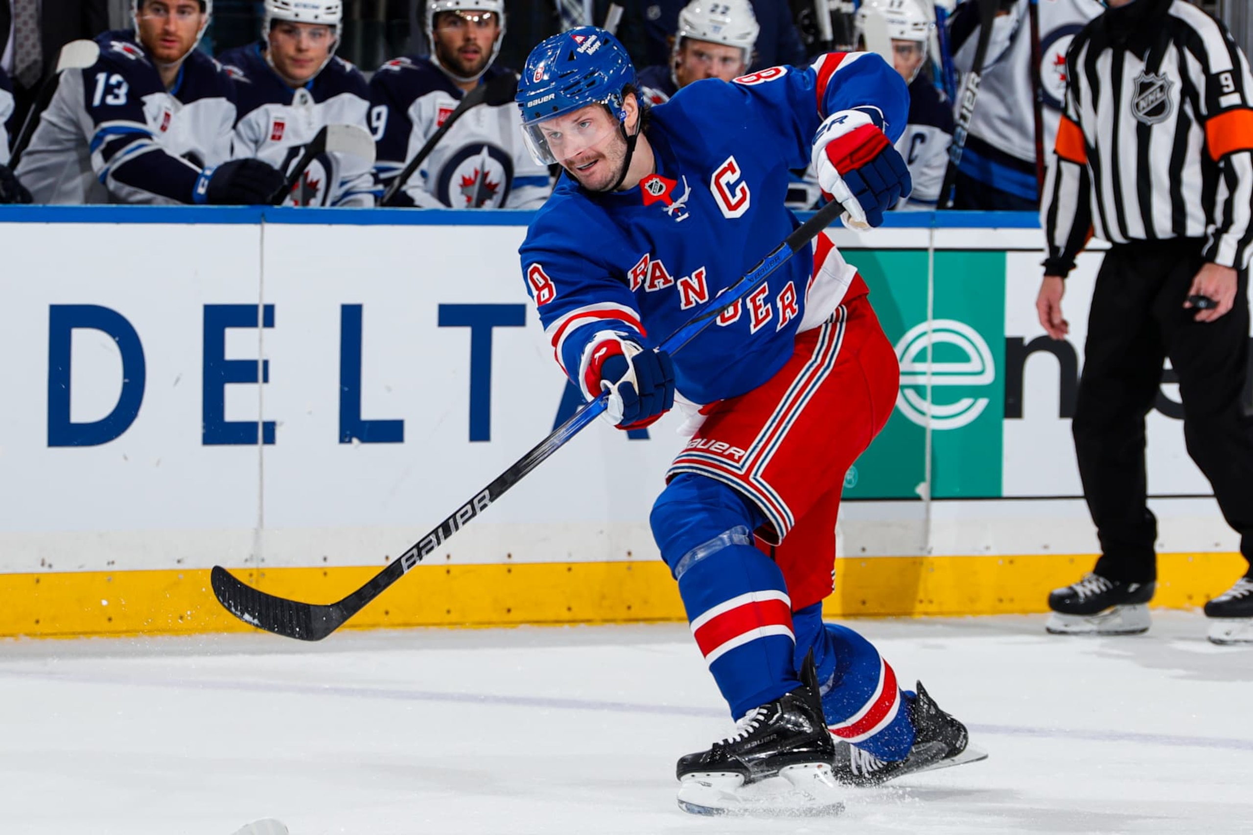 NEW YORK, NEW YORK - NOVEMBER 12:  Jacob Trouba #8 of the New York Rangers skates against the Winnipeg Jets at Madison Square Garden on November 12, 2024 in New York City. (Photo by Jared Silber/NHLI via Getty Images)