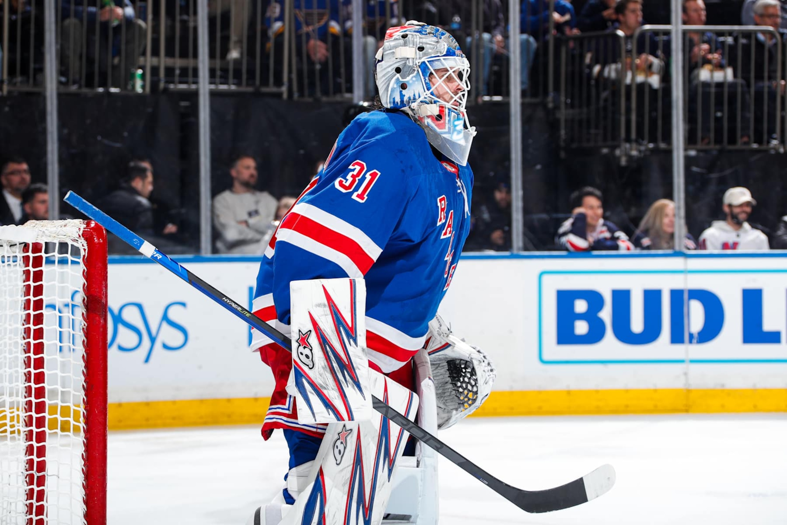 NEW YORK, NEW YORK - NOVEMBER 25:  Igor Shesterkin #31 of the New York Rangers tends the net against the St Louis Blues at Madison Square Garden on November 25, 2024 in New York City. (Photo by Jared Silber/NHLI via Getty Images)