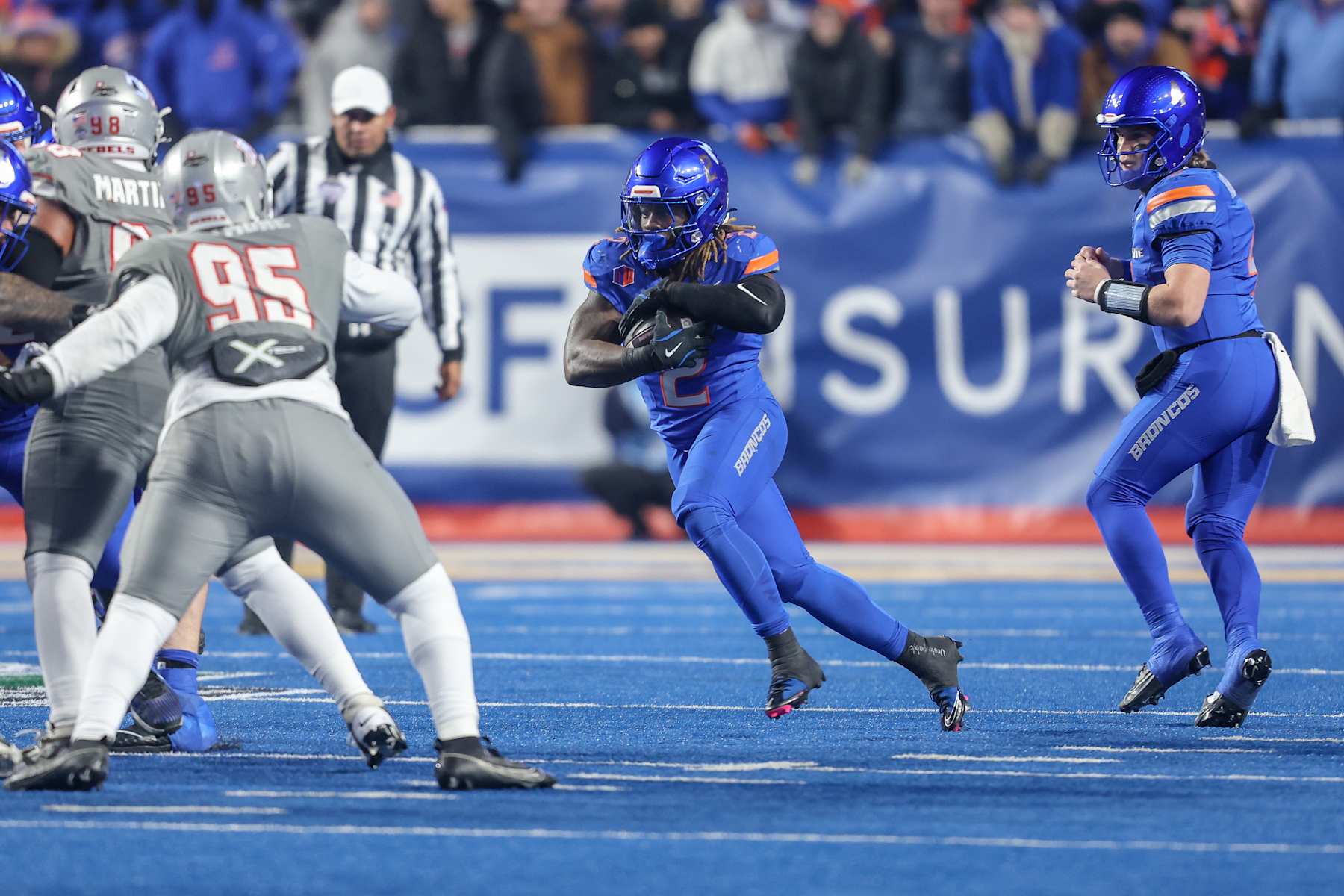 BOISE, ID - DECEMBER 06: Running back Ashton Jeanty #2 of the Boise State Broncos surveys the line of scrimmage during the first half of the Mountain West Championship against the UNLV Rebels at Albertsons Stadium on December 06, 2024 in Boise, Idaho. (Photo by Loren Orr/Getty Images