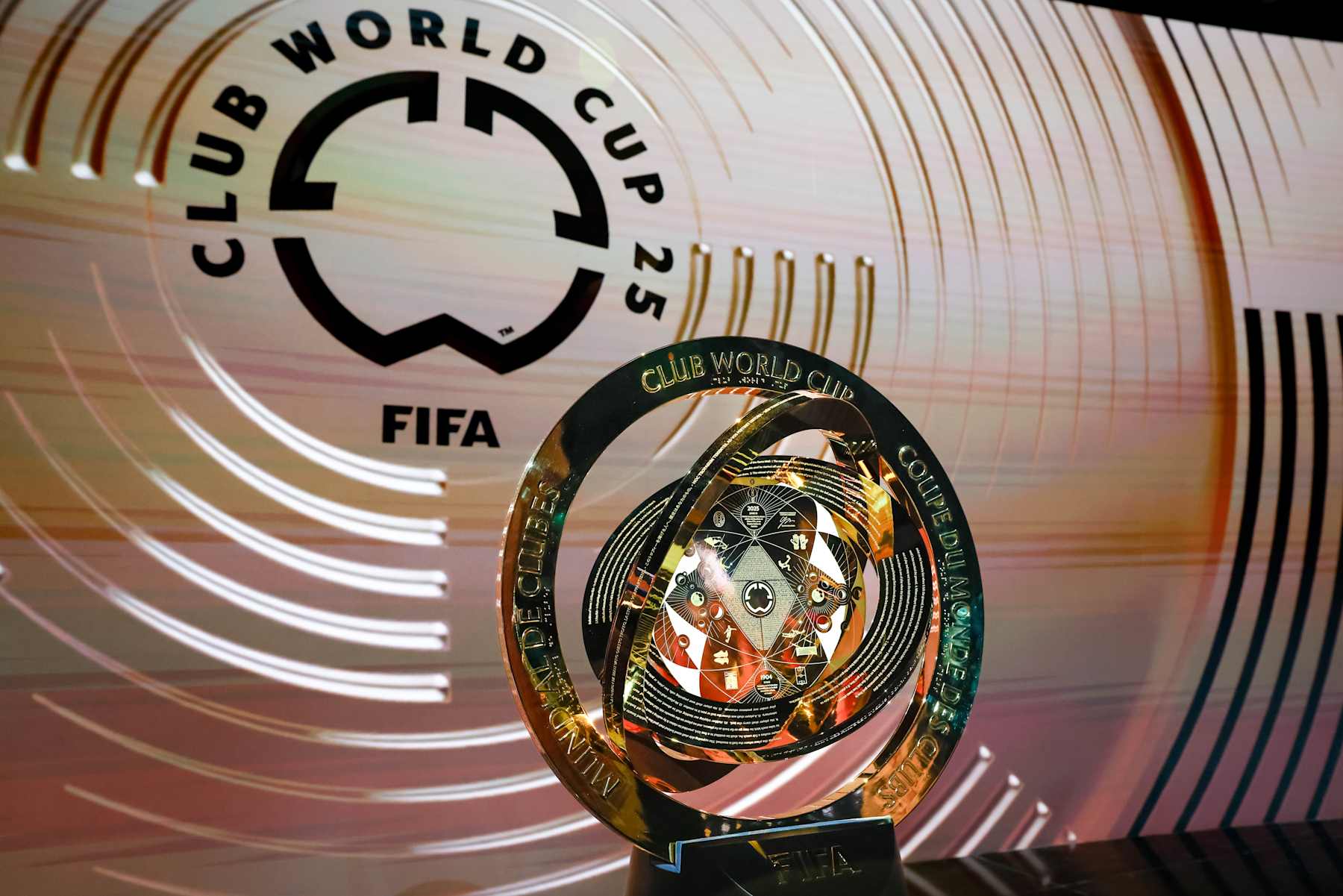 MIAMI, FLORIDA - DECEMBER 5: A view of the FIFA Club World Cup 2025 Trophy during the FIFA Club World Cup 2025 Draw Ceremony on December 5, 2024 in Miami, Florida. (Photo by Marco Bello - FIFA/FIFA via Getty Images)