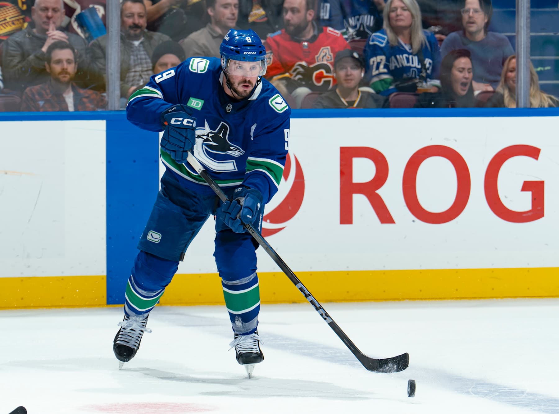 VANCOUVER, CANADA - NOVEMBER 14: J.T. Miller #9 of the Vancouver Canucks skates up ice during their NHL game against the New York Islanders at Rogers Arena on November 14, 2024 in Vancouver, British Columbia, Canada. (Photo by Jeff Vinnick/NHLI via Getty Images)