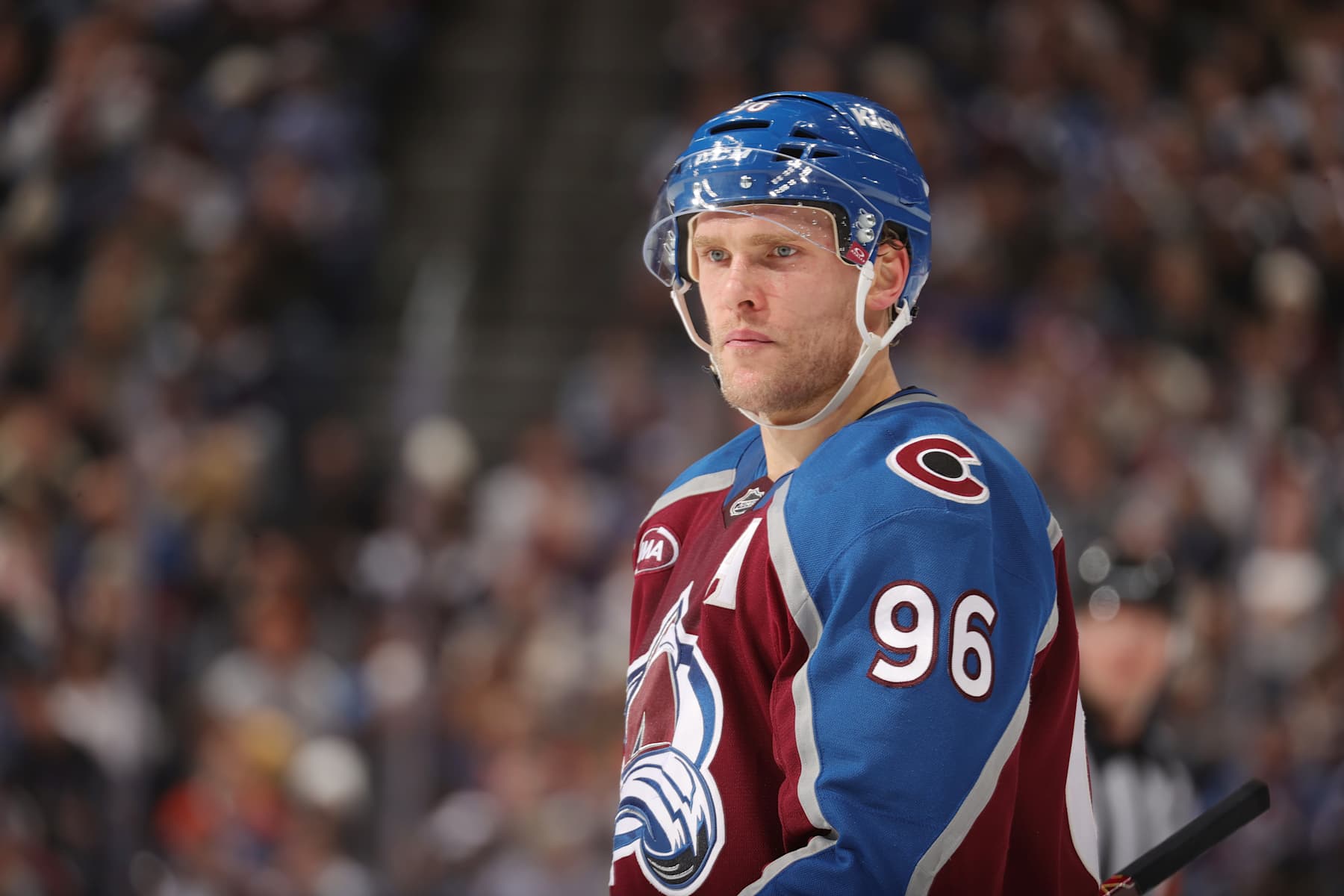 DENVER, COLORADO - NOVEMBER 30: Mikko Rantanen #96 of the Colorado Avalanche pauses during a break in the action against the Edmonton Oilers at Ball Arena on November 30, 2024 in Denver, Colorado. (Photo by Michael Martin/NHLI via Getty Images)