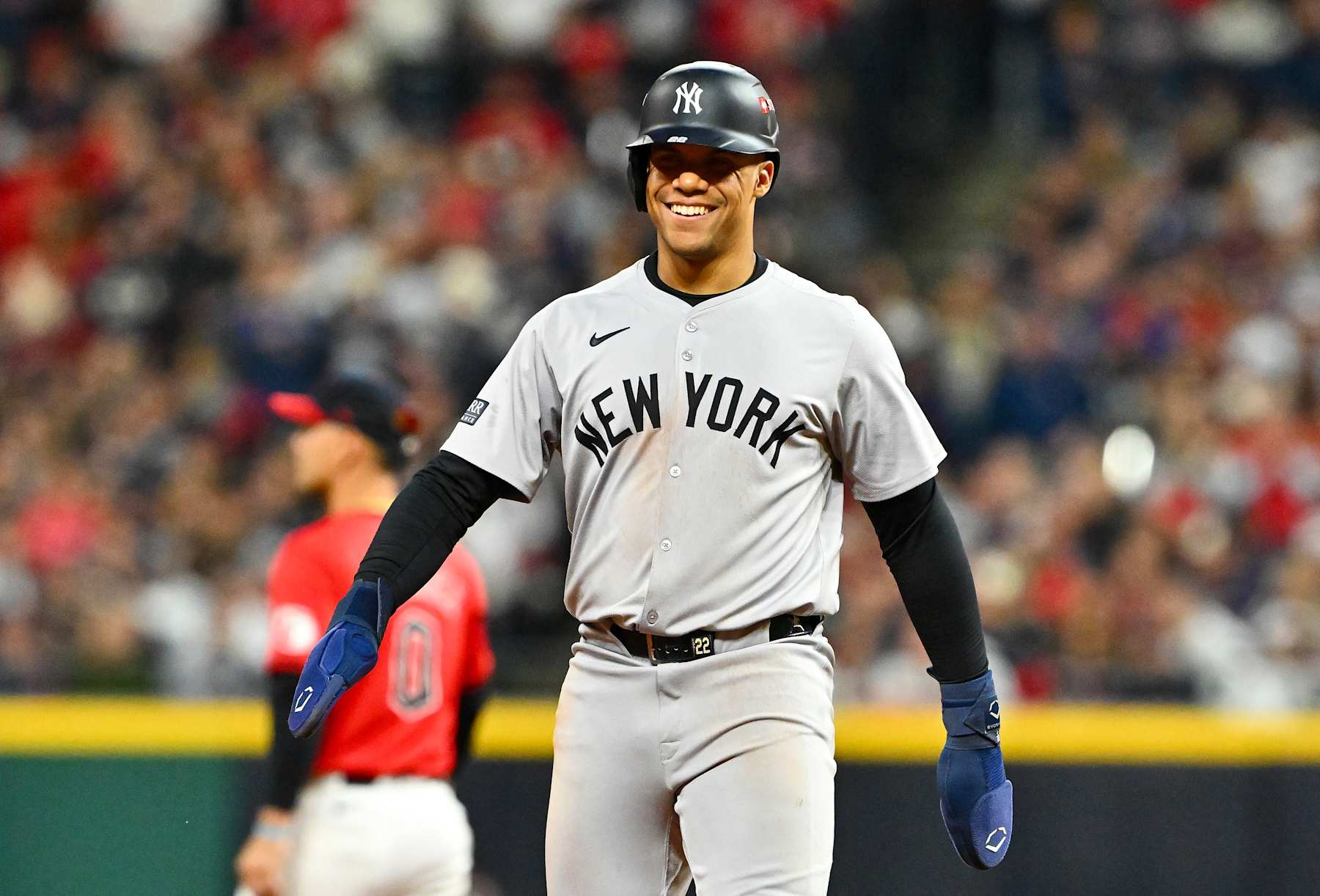 CLEVELAND, OHIO - OCTOBER 19: Juan Soto #22 of the New York Yankees reacts in the first inning against the Cleveland Guardians during Game Five of the American League Championship Series at Progressive Field on October 19, 2024 in Cleveland, Ohio. (Photo by Jason Miller/Getty Images)