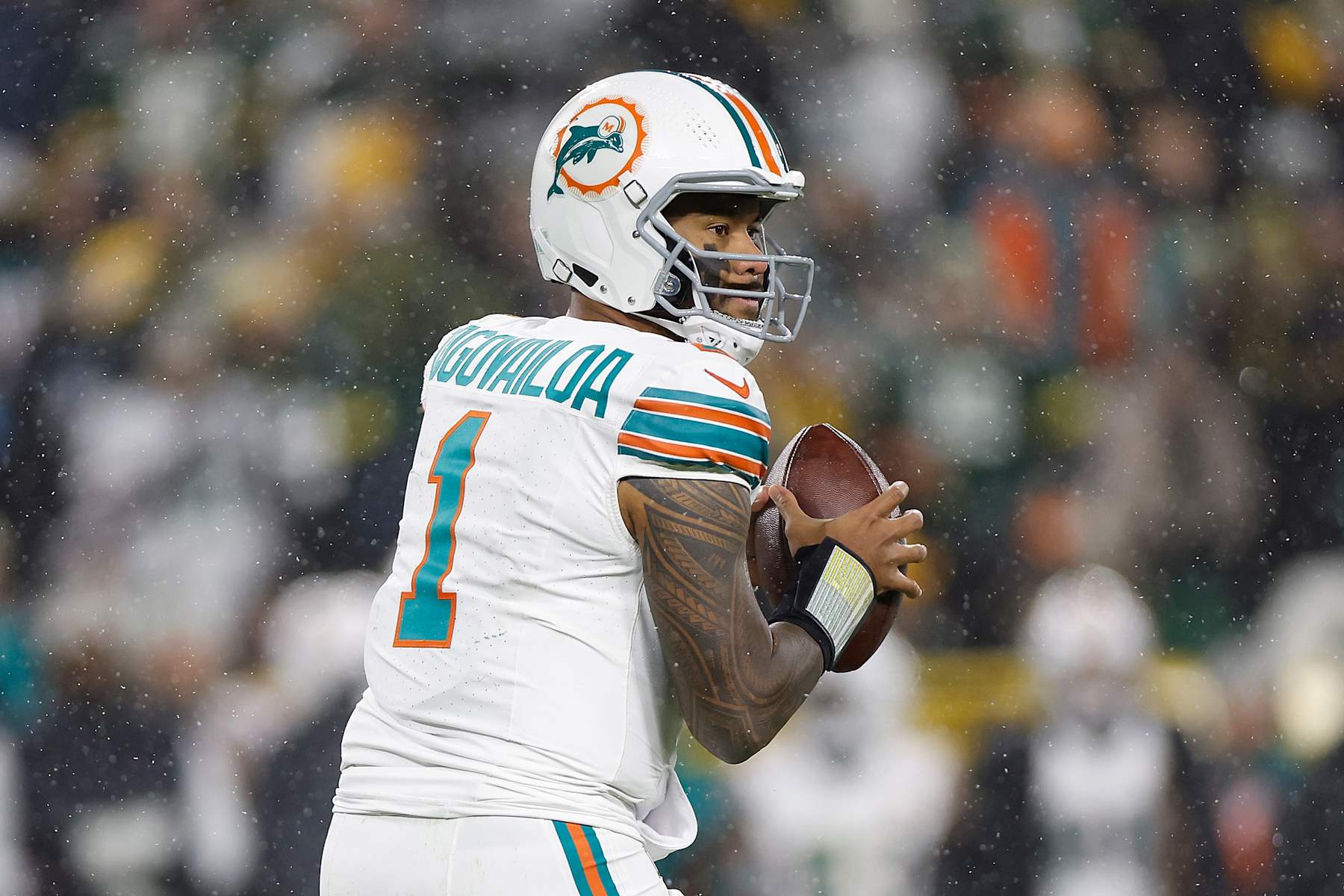 GREEN BAY, WISCONSIN - NOVEMBER 28: Tua Tagovailoa #1 of the Miami Dolphins drops back to pass against the Green Bay Packers at Lambeau Field on November 28, 2024 in Green Bay, Wisconsin. (Photo by John Fisher/Getty Images)