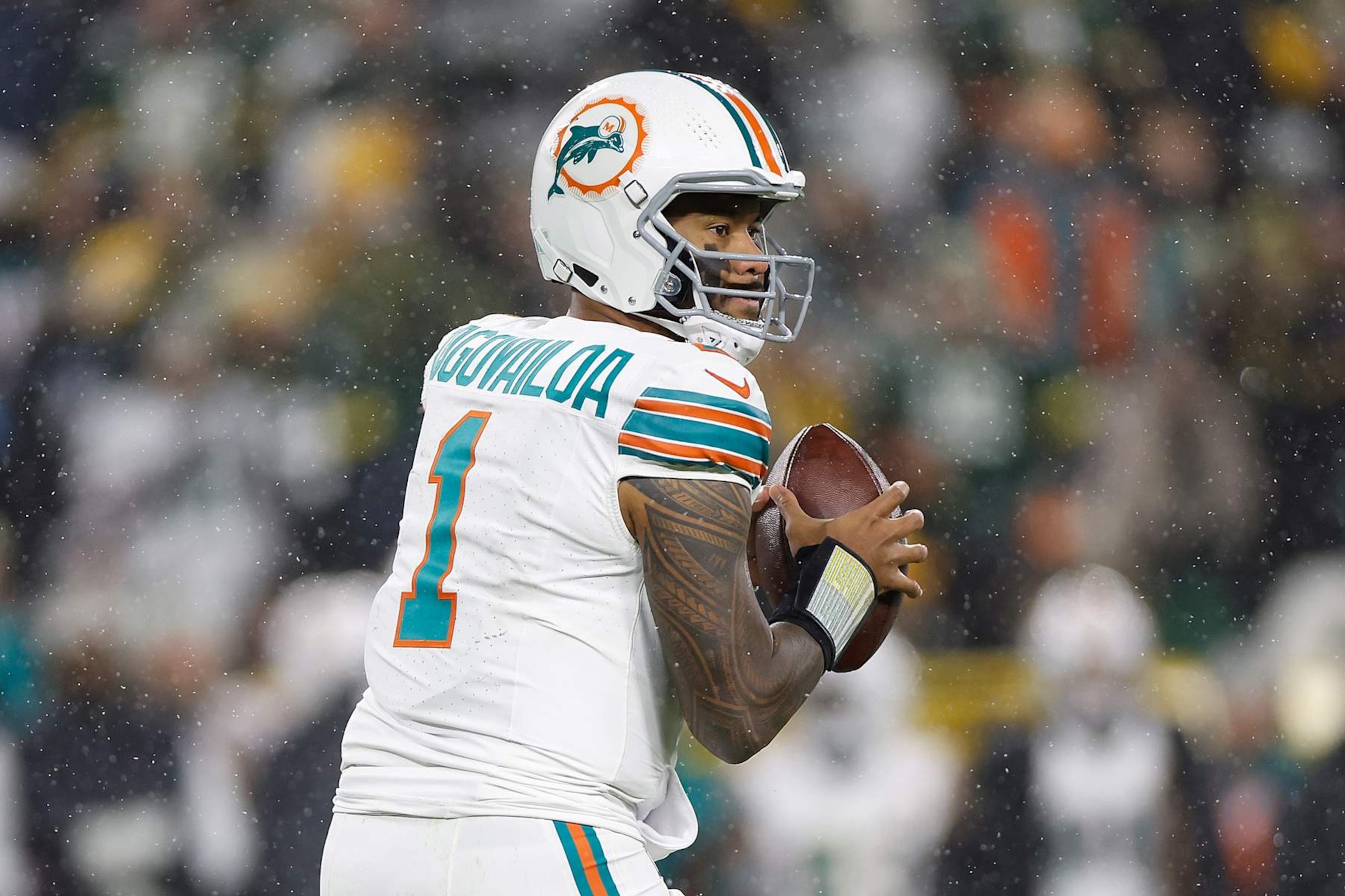 GREEN BAY, WISCONSIN - NOVEMBER 28: Tua Tagovailoa #1 of the Miami Dolphins drops back to pass against the Green Bay Packers at Lambeau Field on November 28, 2024 in Green Bay, Wisconsin. (Photo by John Fisher/Getty Images)