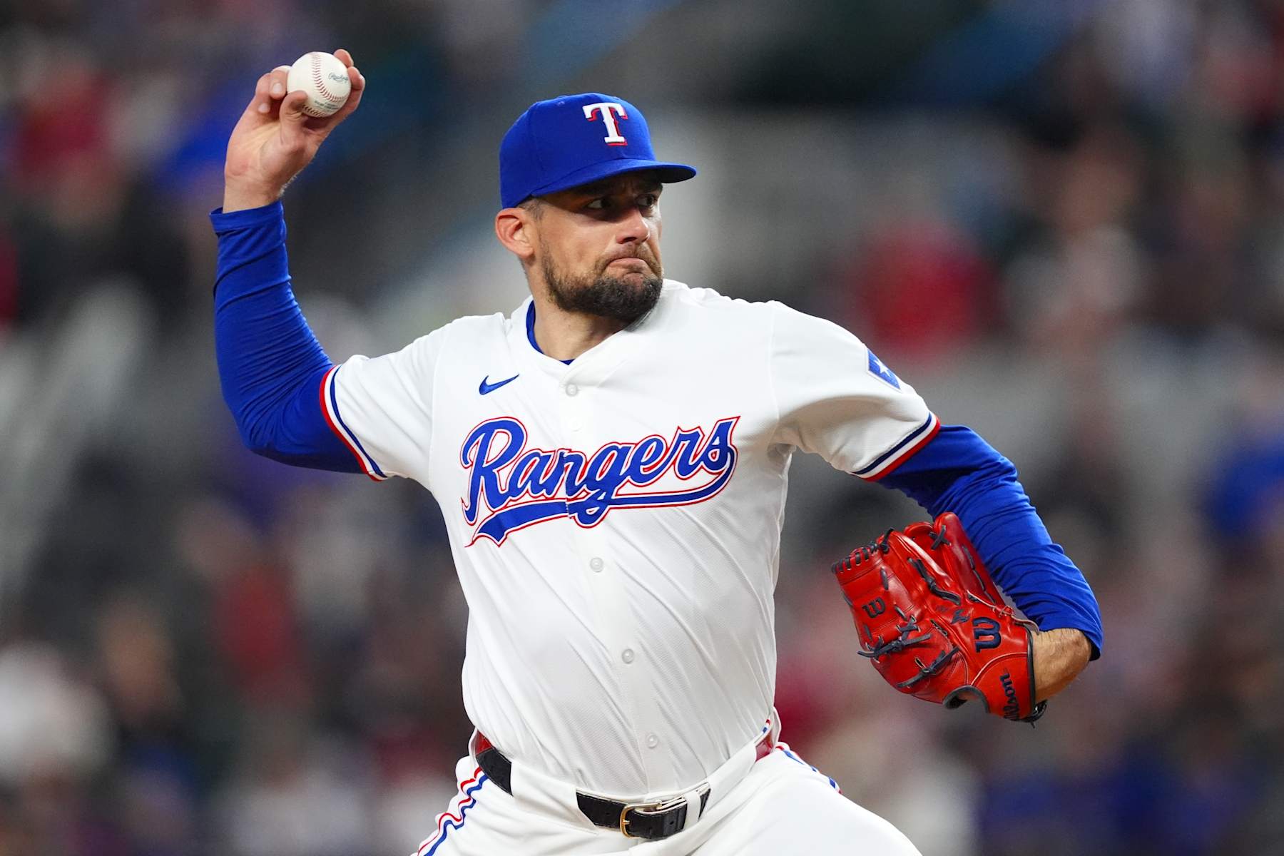 ARLINGTON, TEXAS - SEPTEMBER 17: Nathan Eovaldi #17 of the Texas Rangers pitches during the first inning against the Toronto Blue Jays at Globe Life Field on September 17, 2024 in Arlington, Texas. (Photo by Sam Hodde/Getty Images)