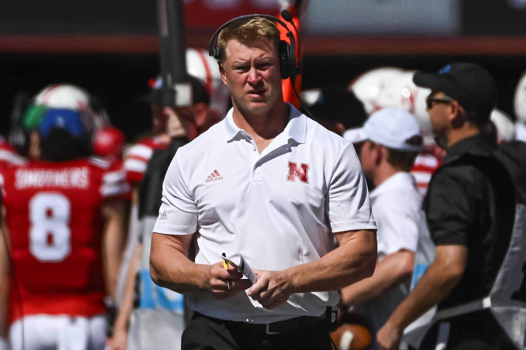 LINCOLN, NE - SEPTEMBER 3: Head coach Scott Frost of the Nebraska Cornhuskers watches action against the North Dakota Fighting Hawks in the first quarter at Memorial Stadium on September 3, 2022 in Lincoln, Nebraska. (Photo by Steven Branscombe/Getty Images)