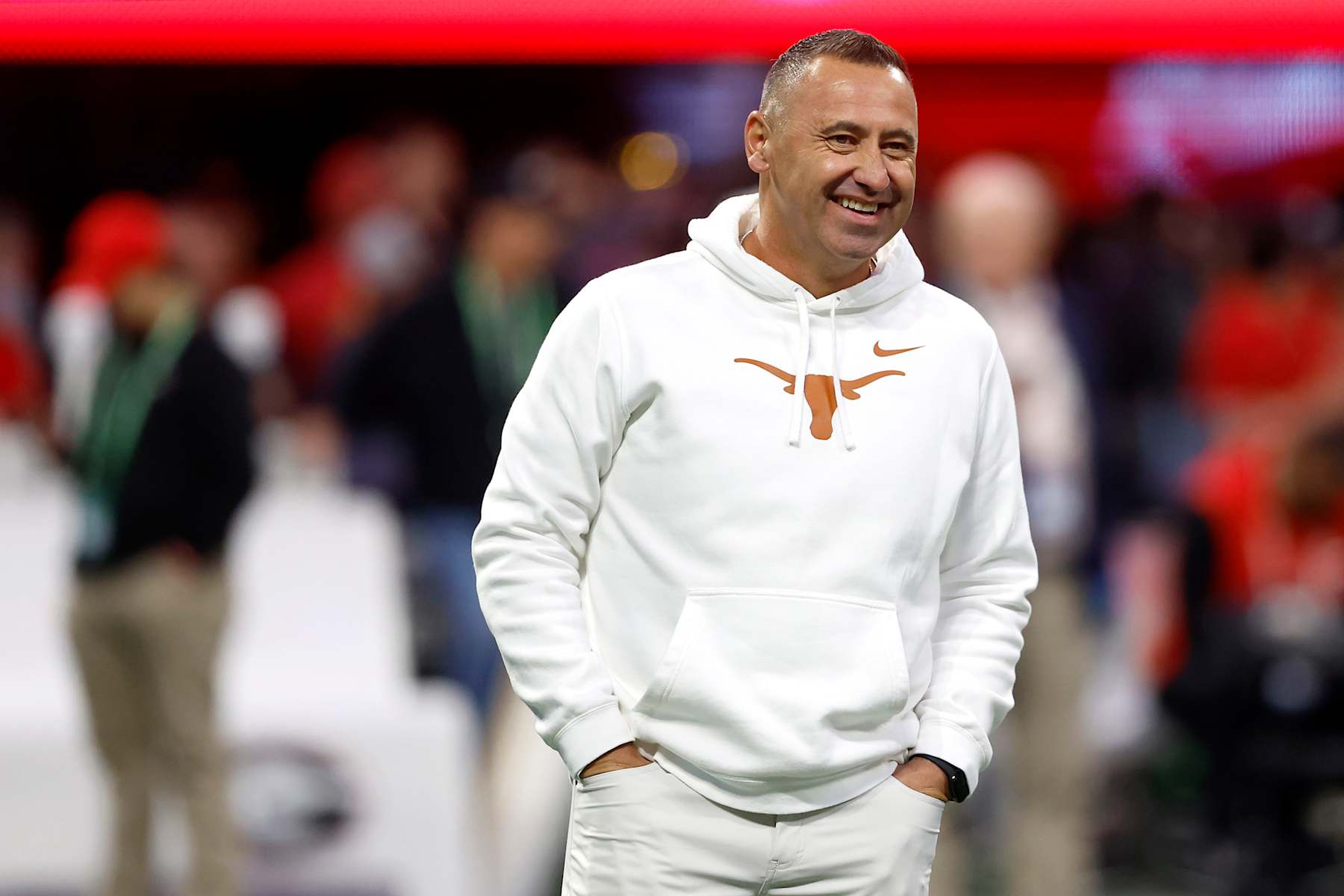 ATLANTA, GEORGIA - DECEMBER 07: Head coach Steve Sarkisian of the Texas Longhorns looks on prior to the 2024 SEC Championship against the Georgia Bulldogs at Mercedes-Benz Stadium on December 07, 2024 in Atlanta, Georgia. (Photo by Butch Dill/Getty Images)