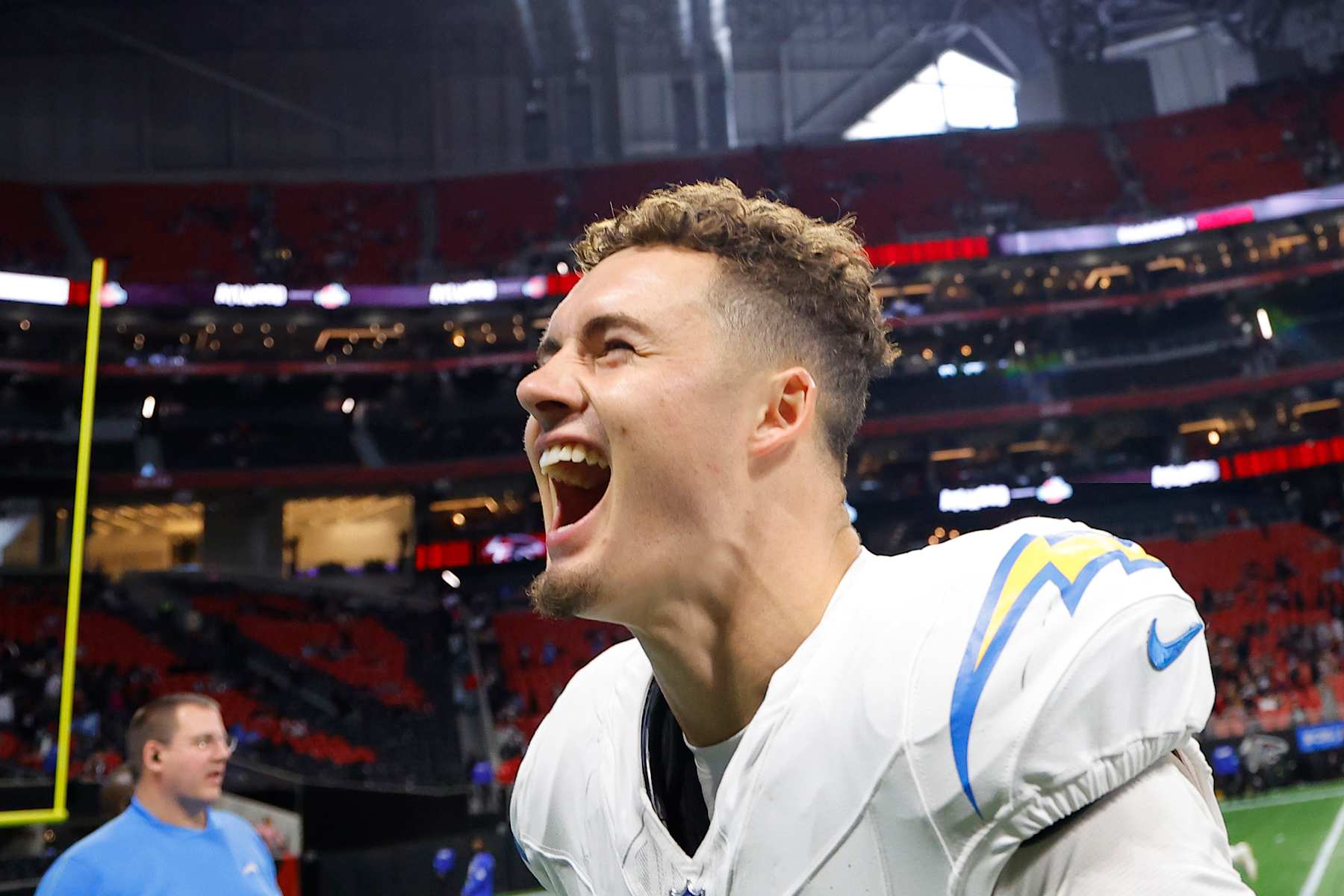 ATLANTA, GEORGIA - DECEMBER 01: Ladd McConkey #15 of the Los Angeles Chargers celebrates after the Chargers defeated the Atlanta Falcons 17-13 at Mercedes-Benz Stadium on December 01, 2024 in Atlanta, Georgia. (Photo by Todd Kirkland/Getty Images)