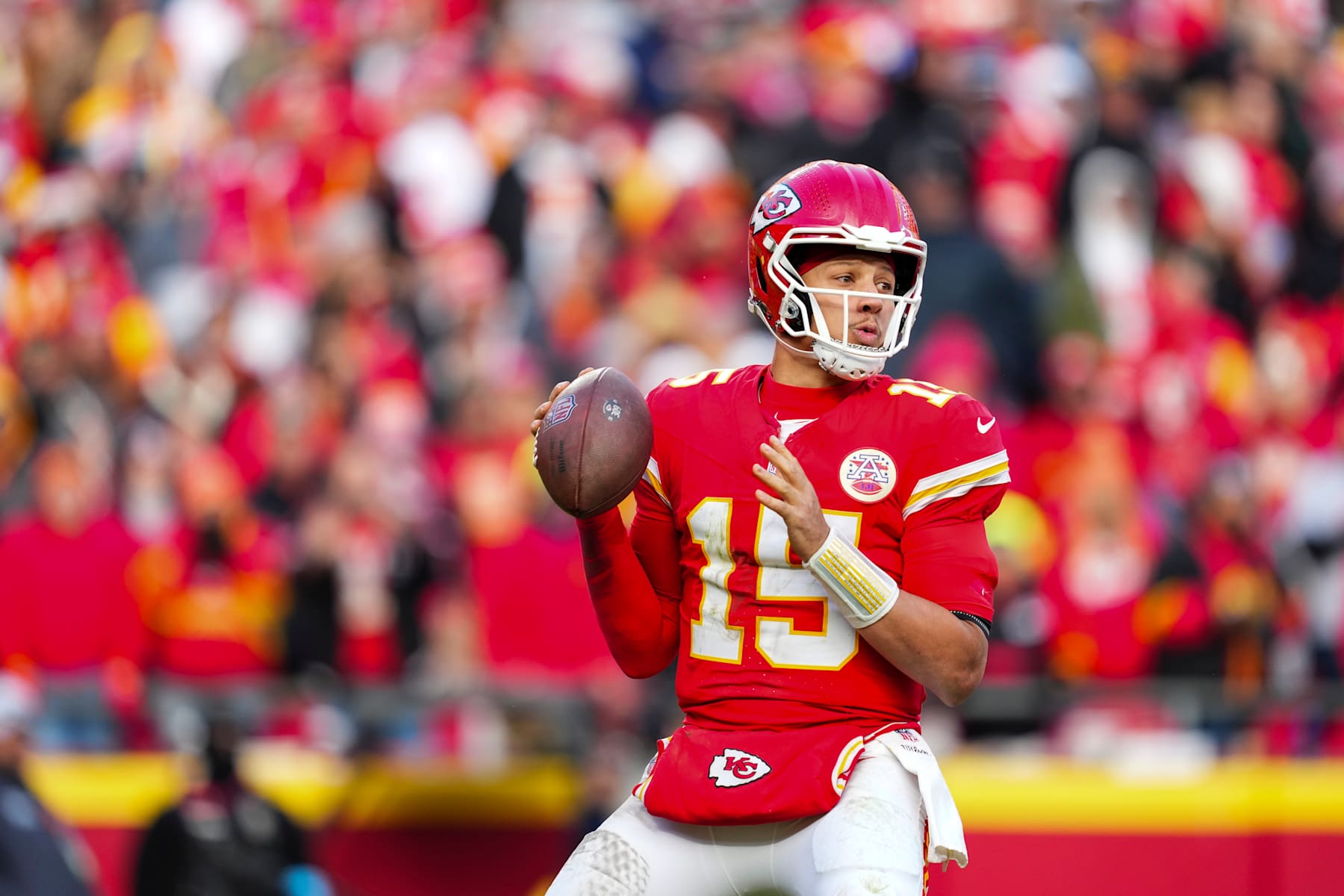 KANSAS CITY, MO - NOVEMBER 29: Patrick Mahomes #15 of the Kansas City Chiefs drops back to pass during an NFL football game against the Las Vegas Raiders at GEHA Field at Arrowhead Stadium on November 29, 2024 in Kansas City, Missouri. (Photo by Cooper Neill/Getty Images)